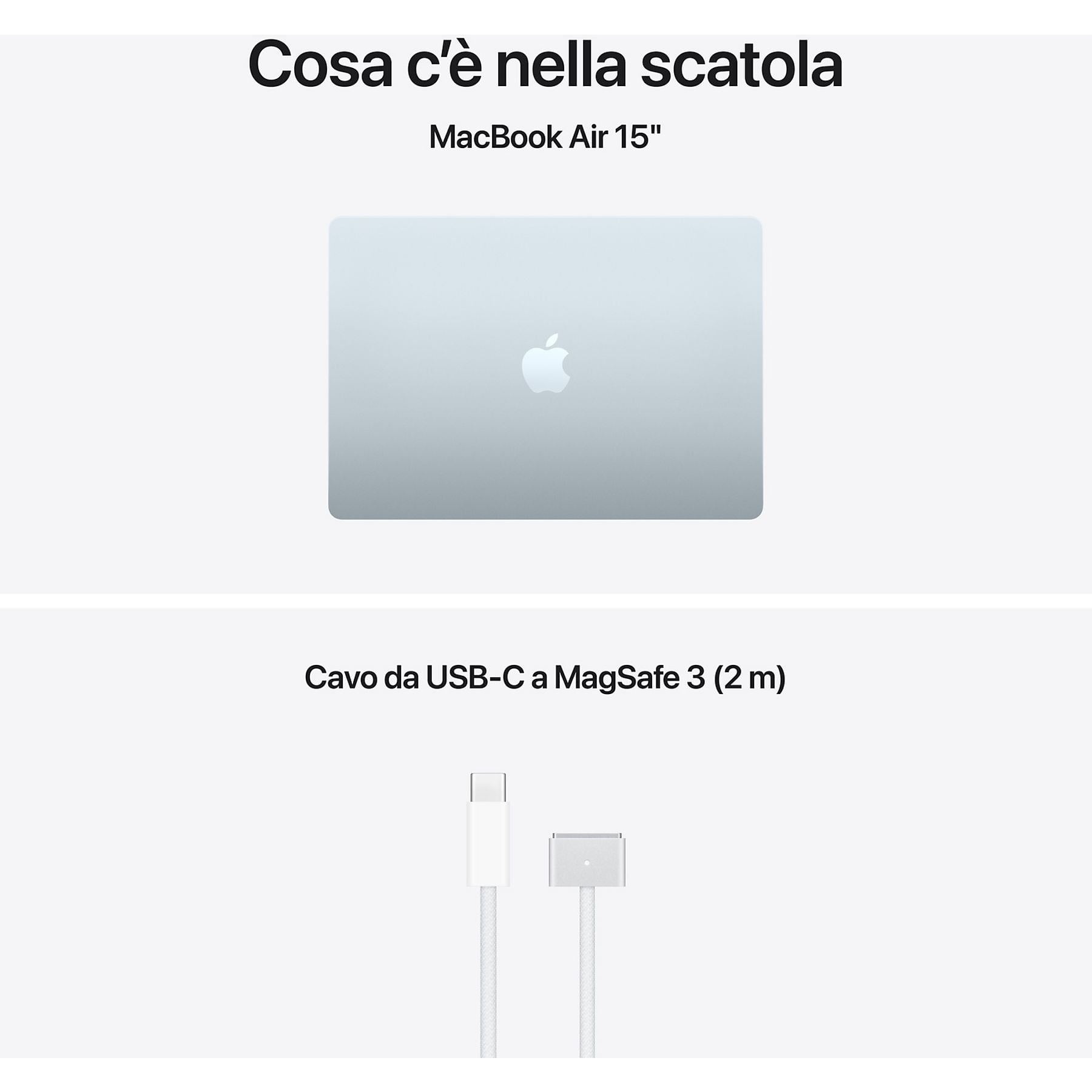 Srebrny MacBook Air 15" i biały kabel USB-C do MagSafe 3.