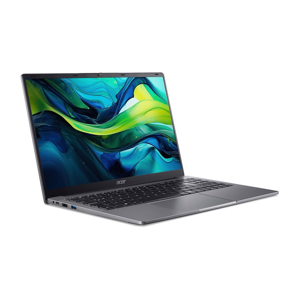 Un laptop Acer grigio con uno sfondo astratto colorato sullo schermo.