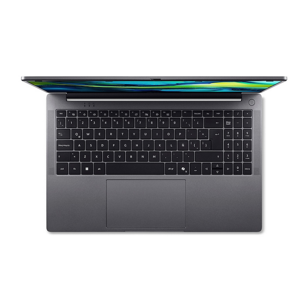 Laptop grigio aperto mostra tastiera e touchpad, sfondo bianco.