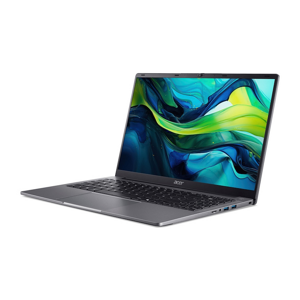 Un laptop Acer grigio con uno sfondo astratto colorato sullo schermo.