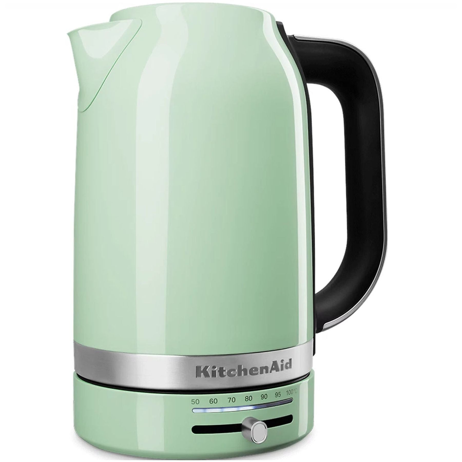 Grüner Wasserkocher mit schwarzem Griff und Temperaturregler