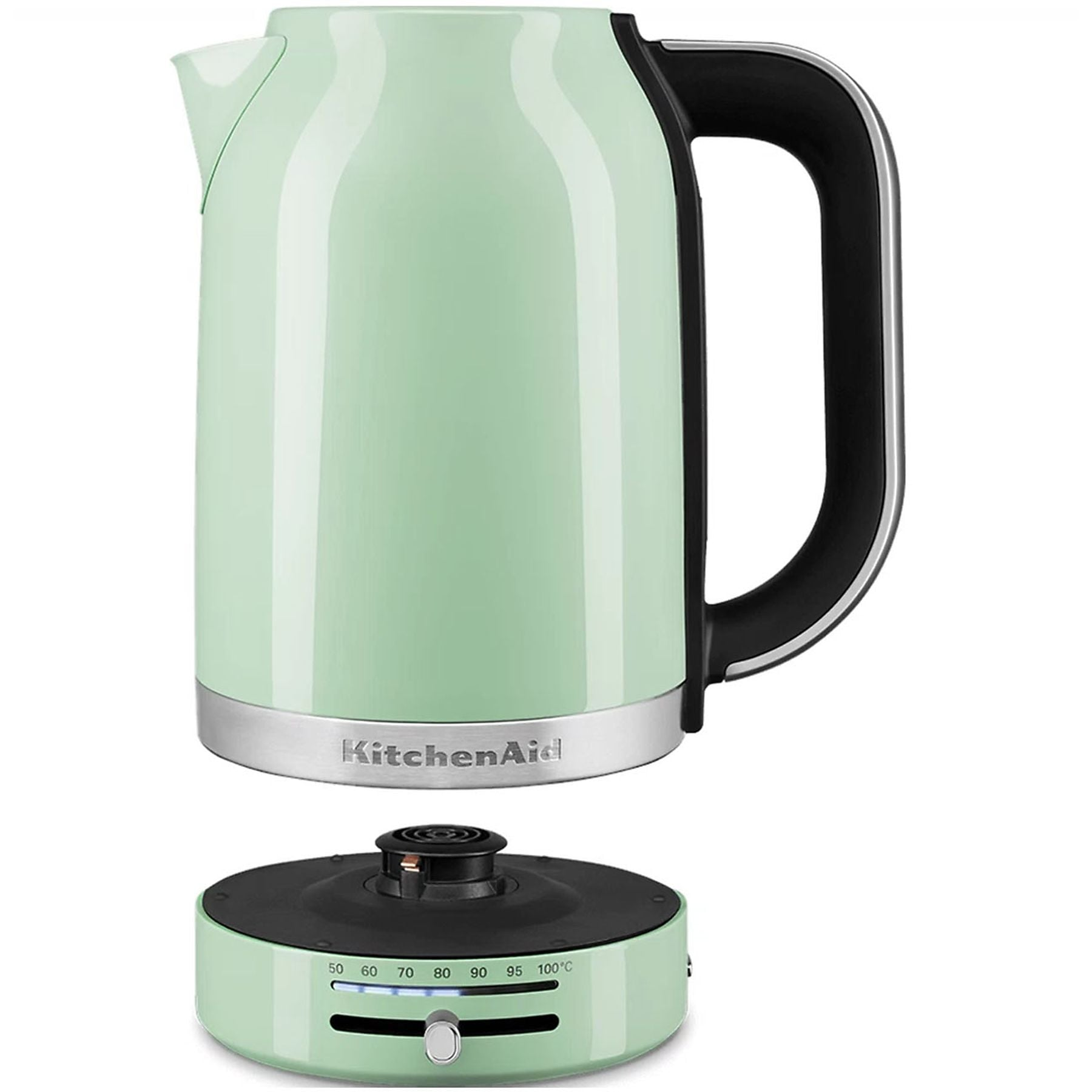 Eine hellgrüne KitchenAid-Teekanne mit schwarzem Griff steht auf einer mintgrünen Basis mit Temperatureinstellungen.