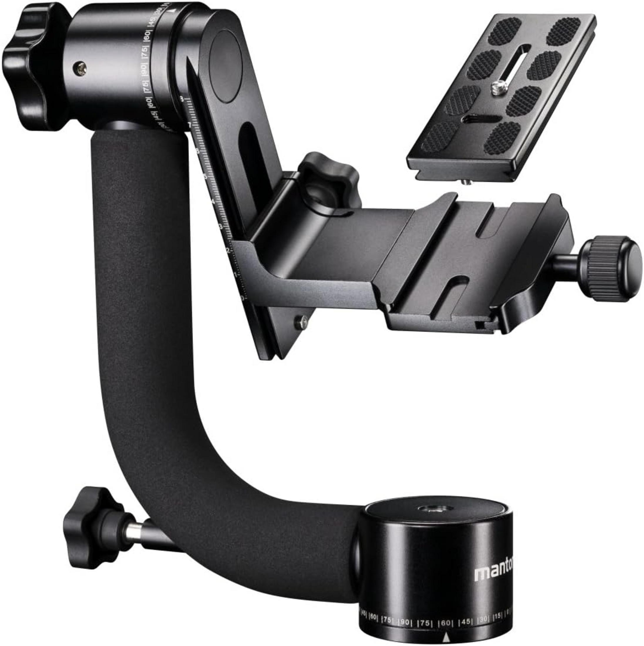 Ein schwarzer Gimbal-Stativkopf mit einer Kameraplatte, auf weißem Hintergrund.