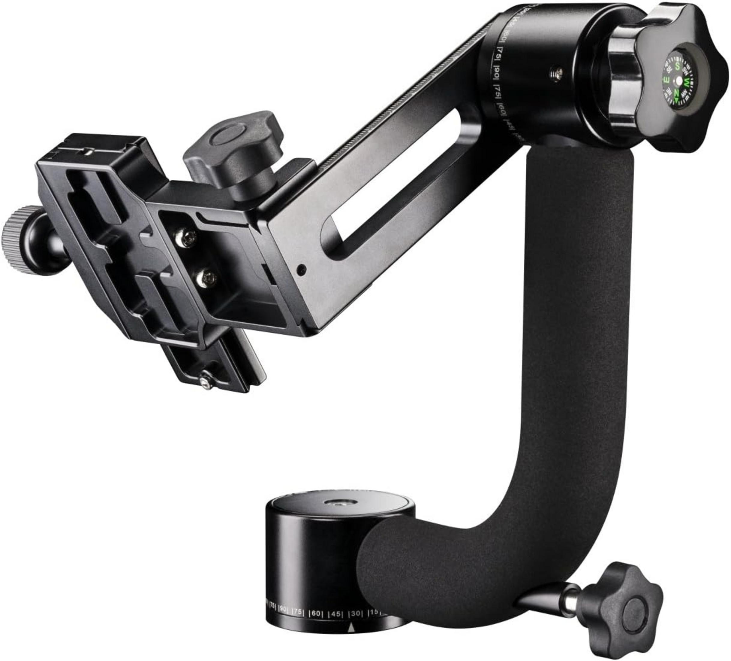 Ein schwarzer Gimbal-Stativkopf mit Kompass und Winkelskalen.