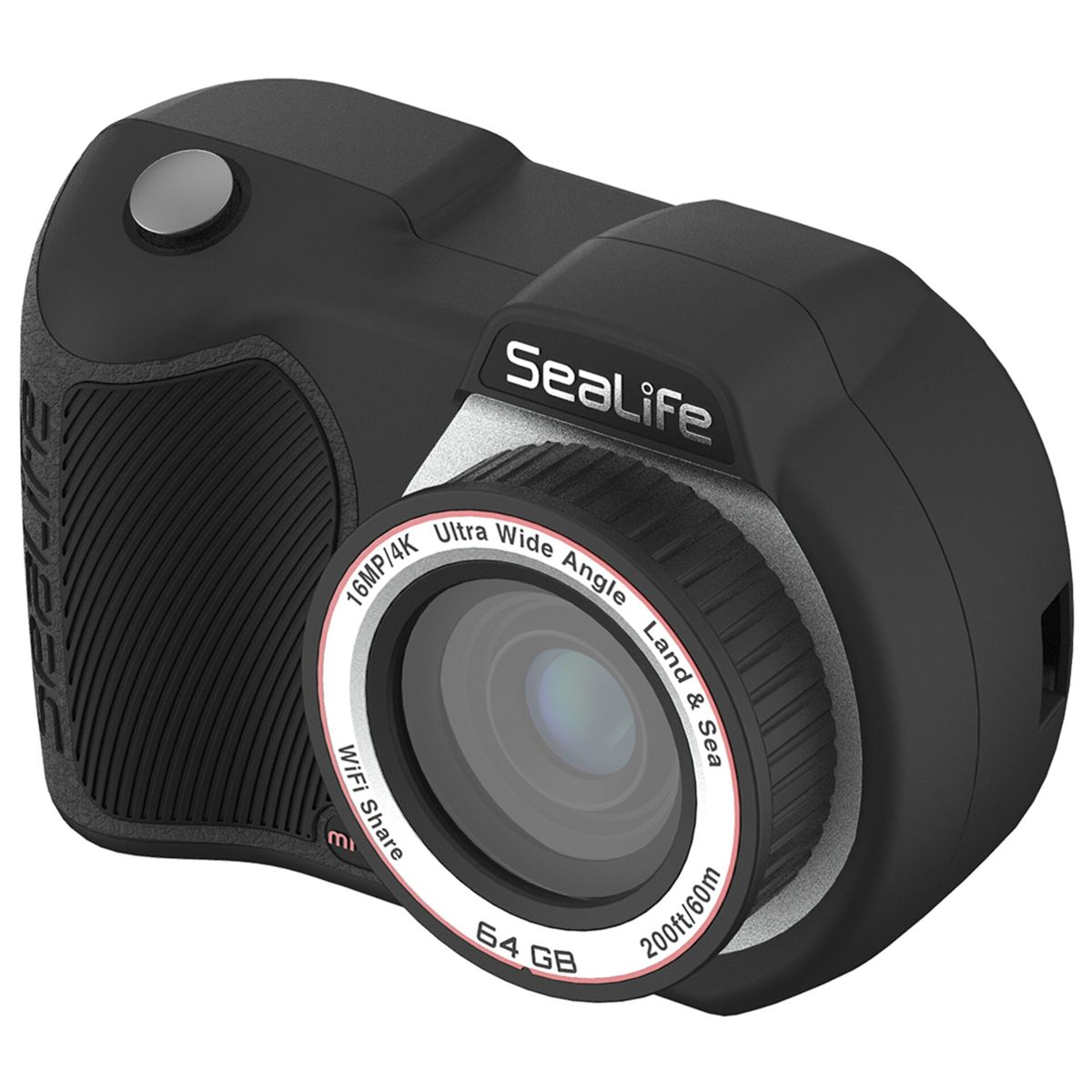 Schwarze SeaLife Kamera mit Weitwinkelobjektiv, 16MP/4K, 64GB, 200ft/60m.