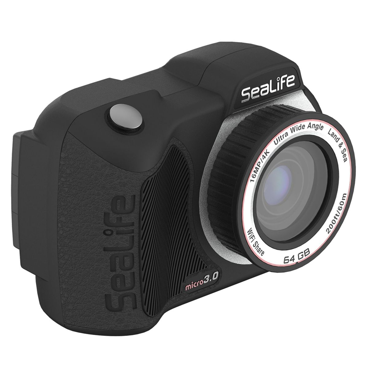 Schwarze SeaLife Kamera mit Weitwinkelobjektiv, 16MP/4K, 64GB, 200ft/60m wasserdicht.