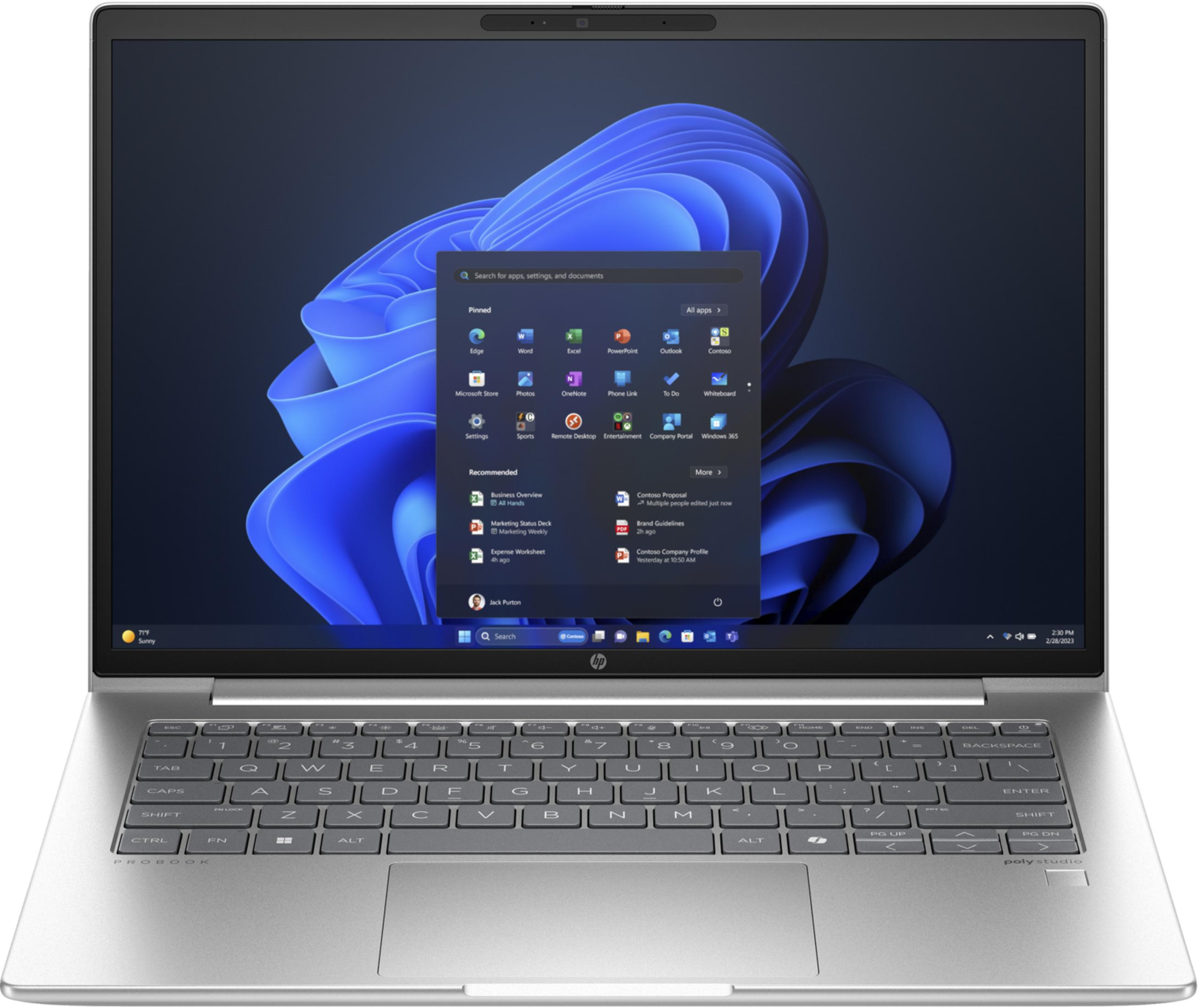Ein silberner HP ProBook Laptop mit Windows 11 und dem Startmenü geöffnet.