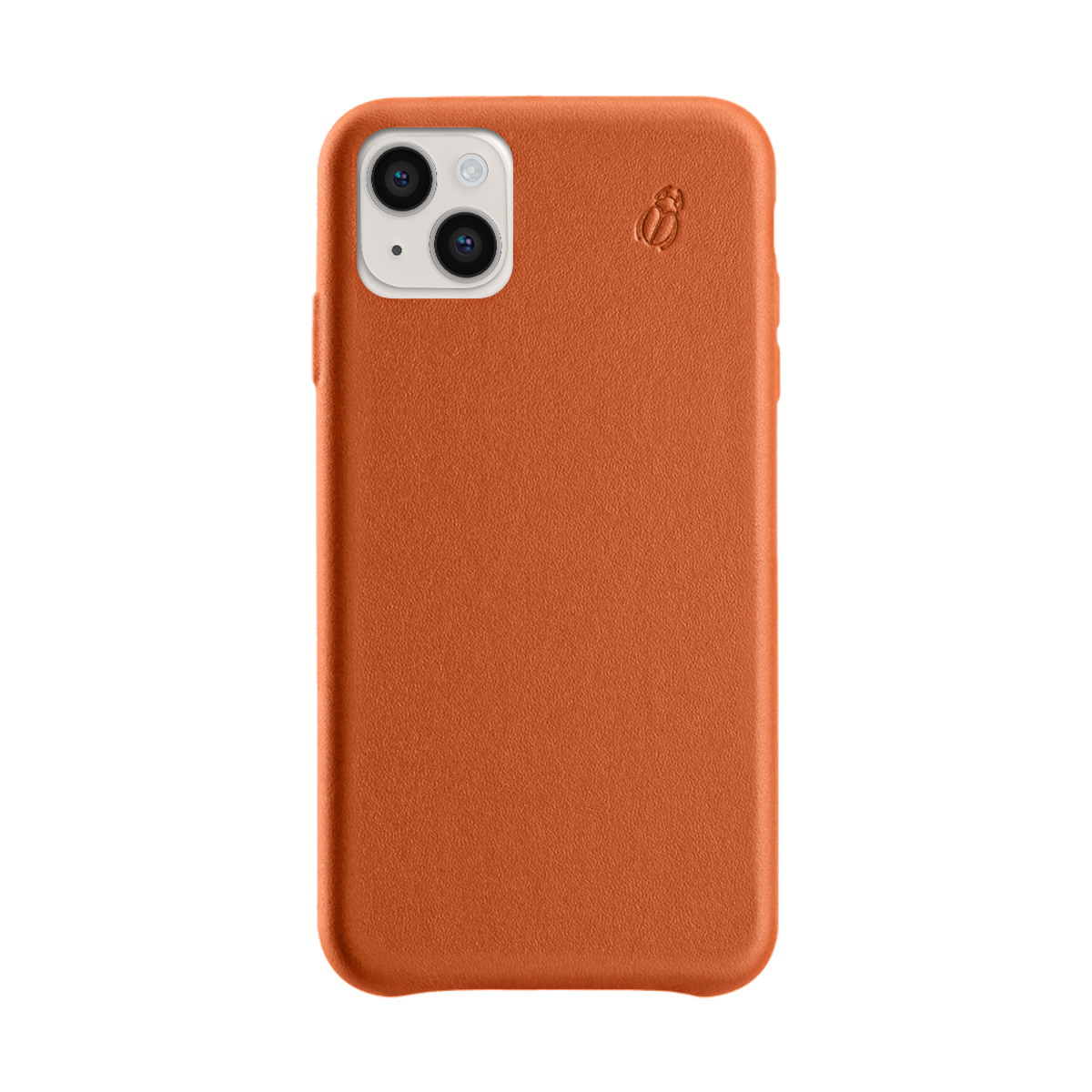 Una custodia per telefono arancione con ritaglio fotocamera e logo.