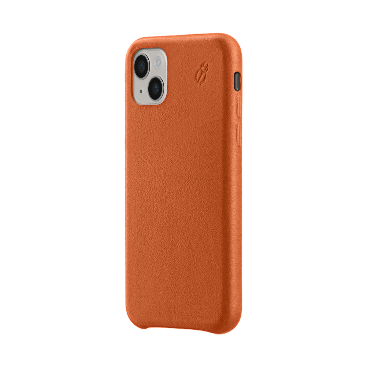 Custodia arancione per telefono con due fotocamere e un piccolo logo.
