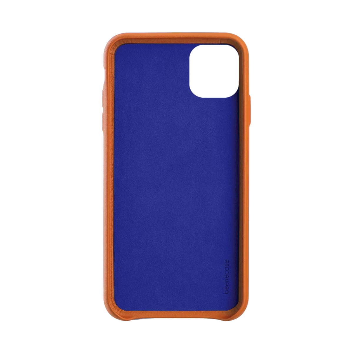 Custodia arancione per telefono con fodera blu e ritaglio.