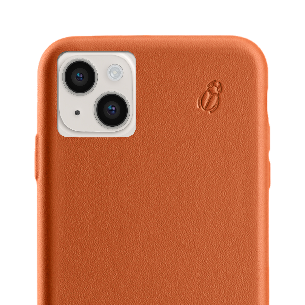 Custodia arancione per telefono con doppia fotocamera e piccolo logo coccinella.