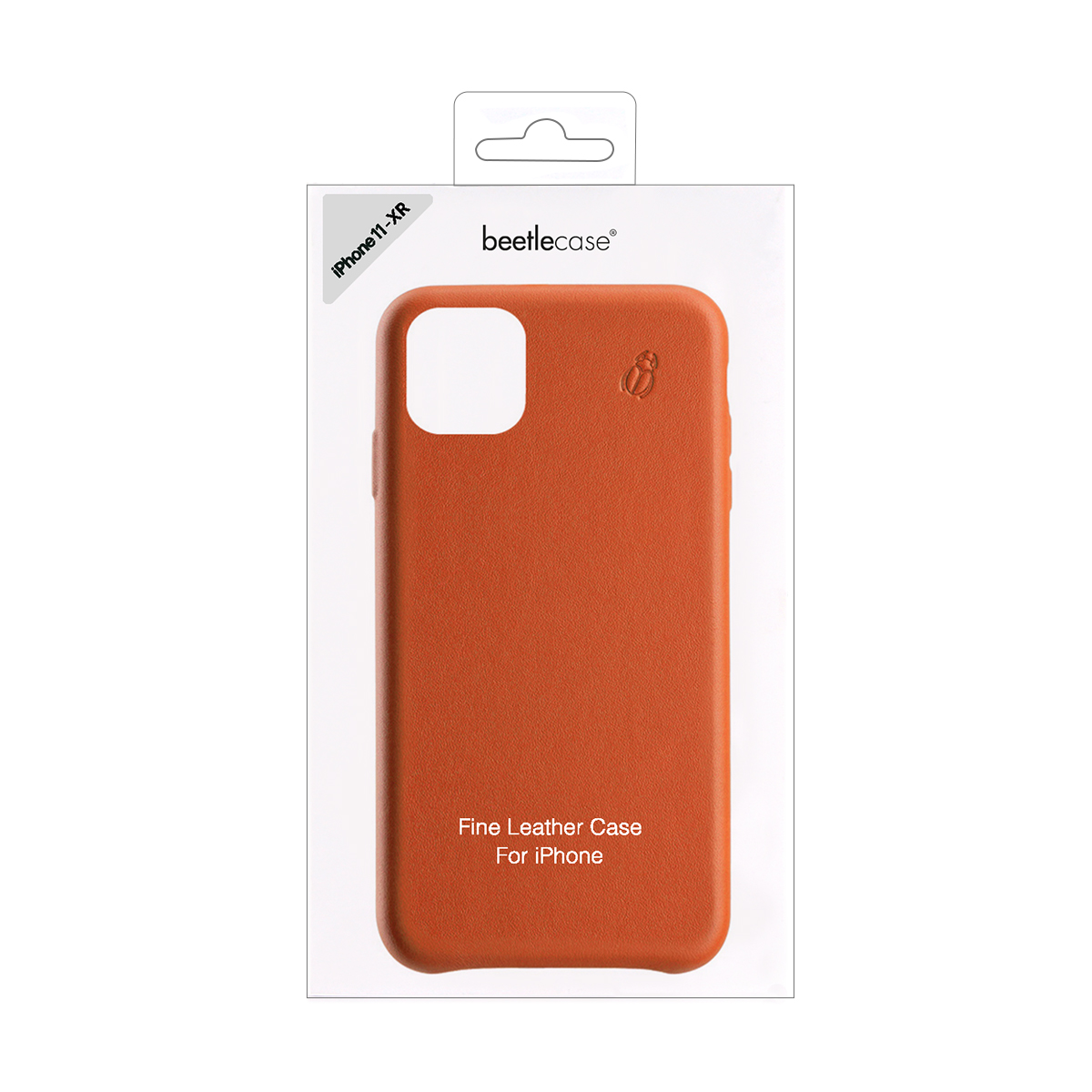 Custodia in pelle arancione per iPhone 11 XR con logo e testo Beetlecase.