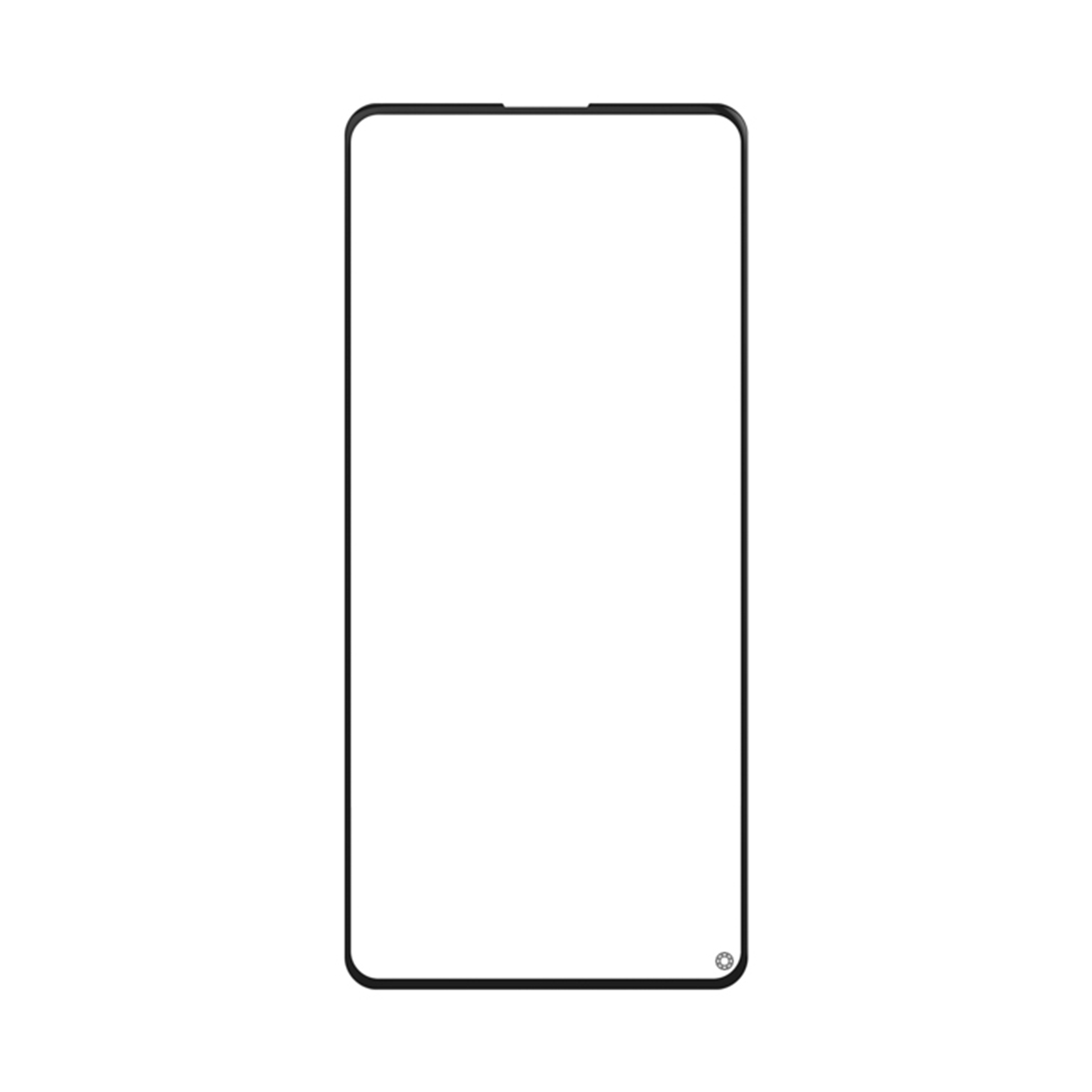 Uno schermo di smartphone nero con display bianco e un piccolo segno circolare in basso a destra.
