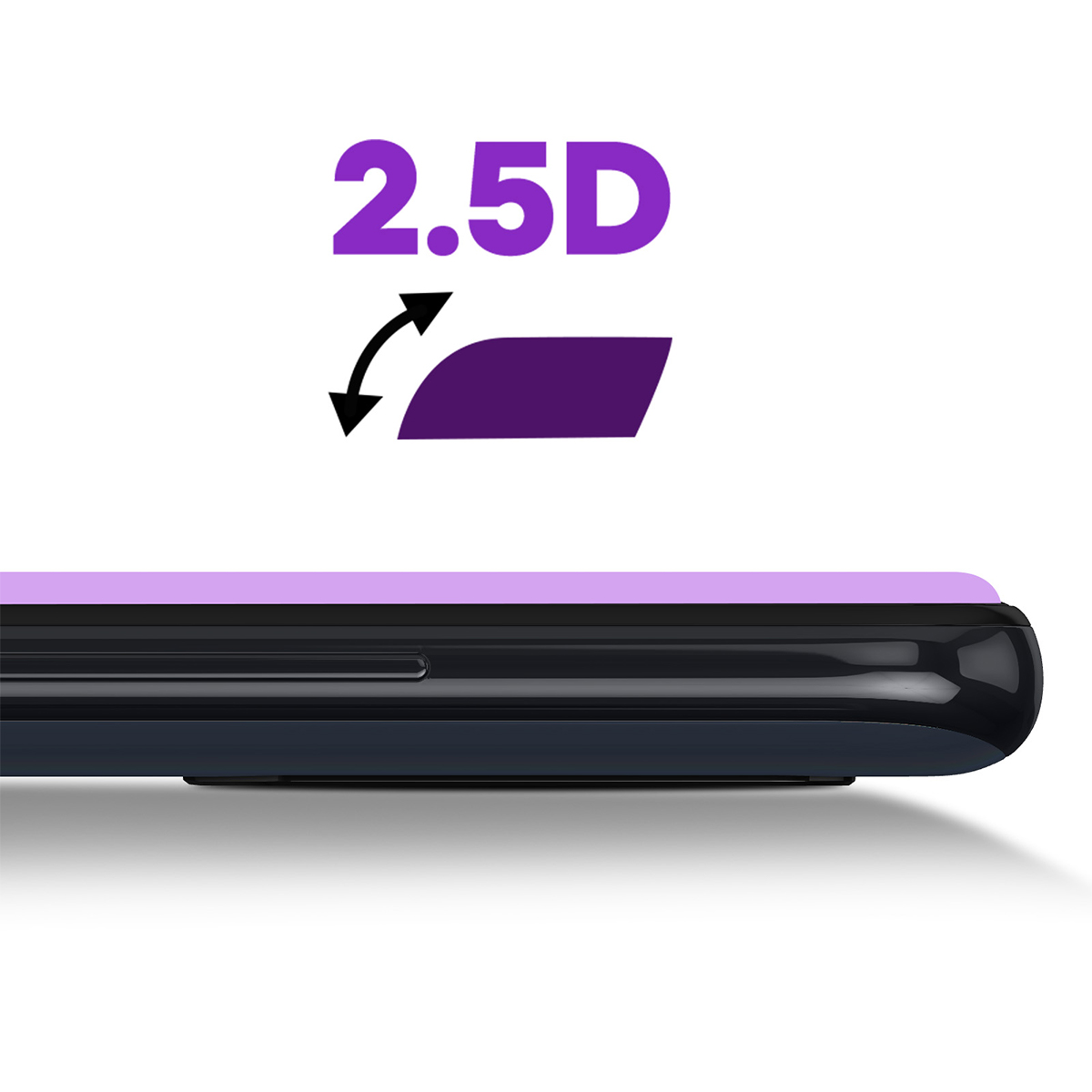 Primo piano di una superficie in vetro 2.5D su un dispositivo scuro con accento viola.