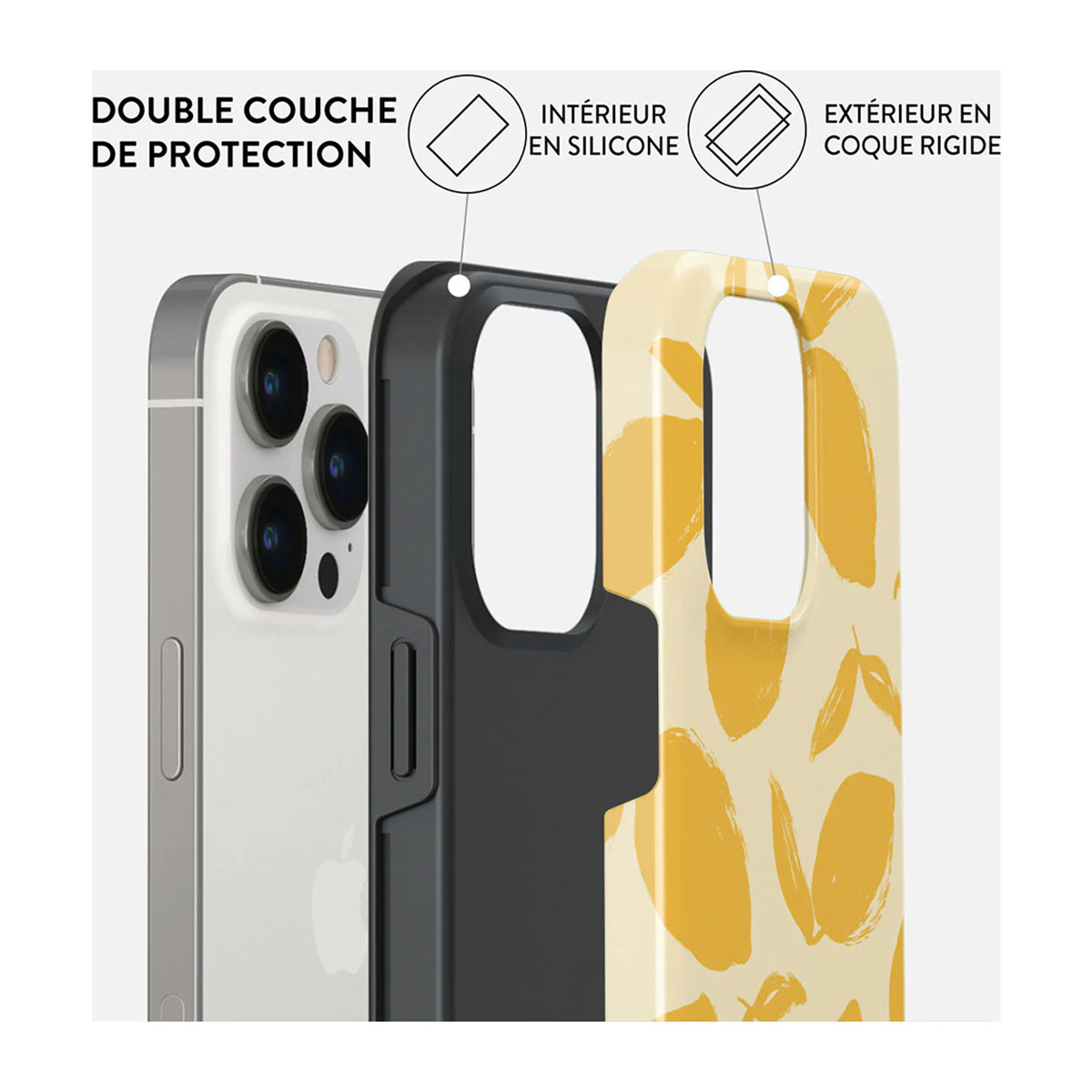 Un telefono con doppio strato protettivo: interno in silicone nero, esterno giallo fantasia.