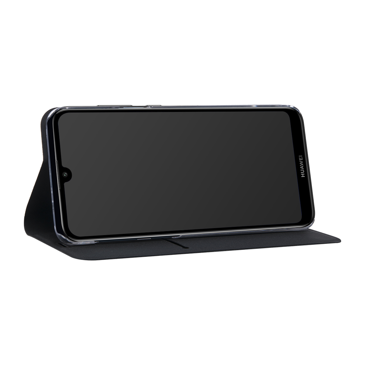 Ein schwarzes Smartphone in einer schwarzen Schutzhülle, auf der Seite liegend.