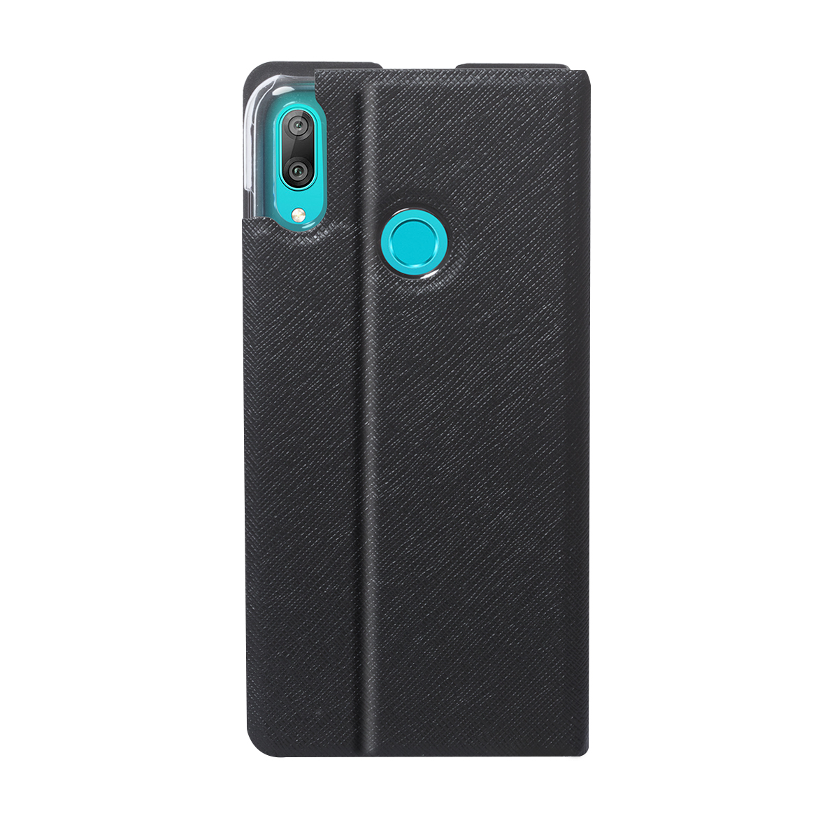 Schwarze Handyhülle mit zwei Kameras und blauem Fingerabdrucksensor.