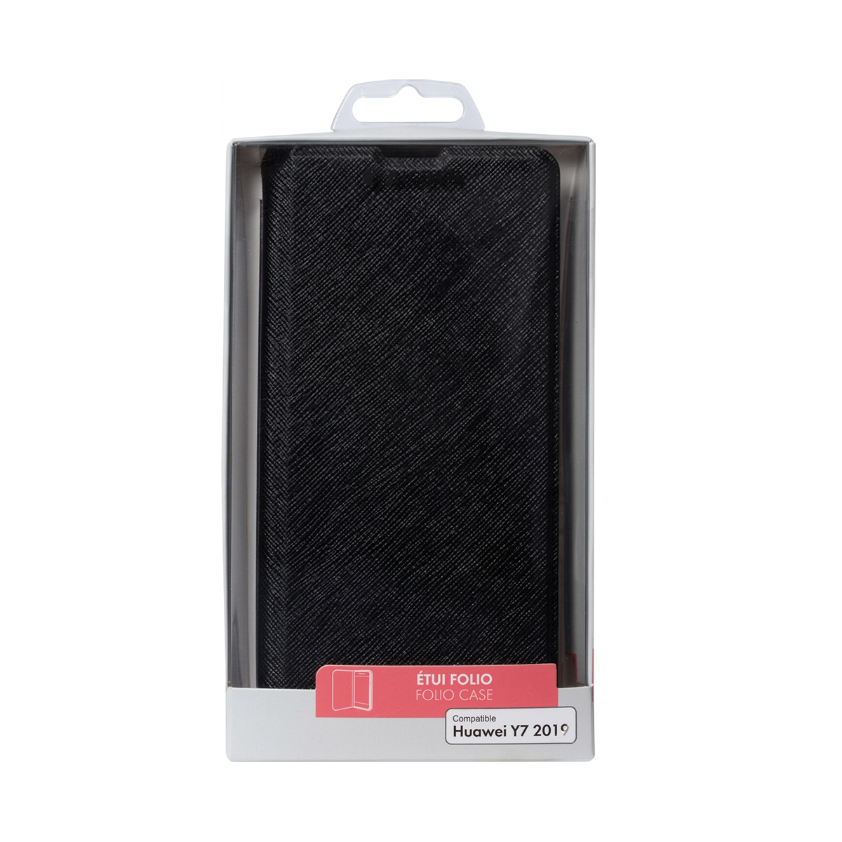 Schwarze Handyhülle im Karton, kompatibel mit Huawei Y7 2019.