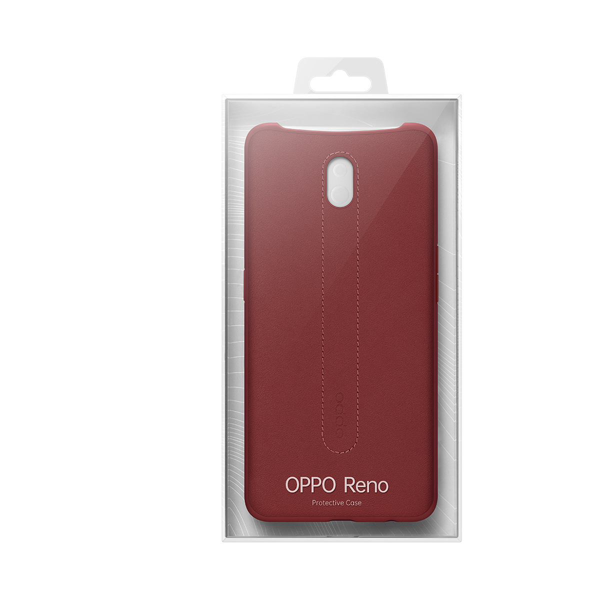 Rote OPPO Reno Schutzhülle in transparenter Verpackung mit Aufhänger.