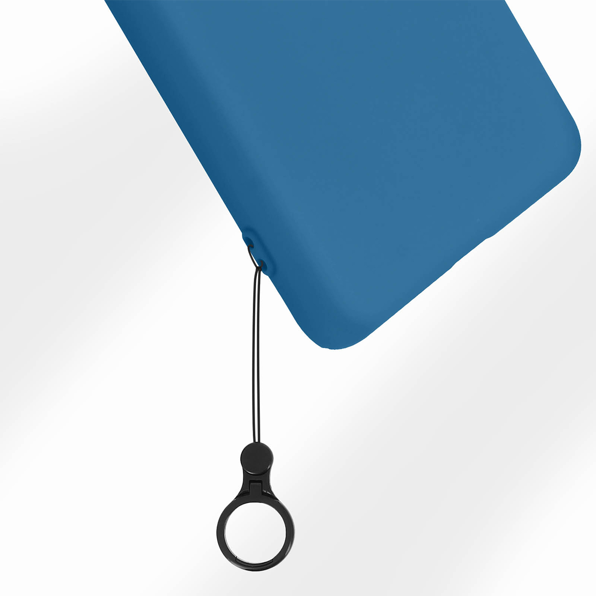 Ein blauer Handyhülle mit einem schwarzen Lanyard-Ring.