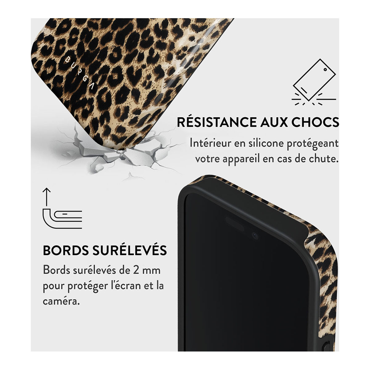 Custodia leopardata con bordi rialzati e silicone antiurto.