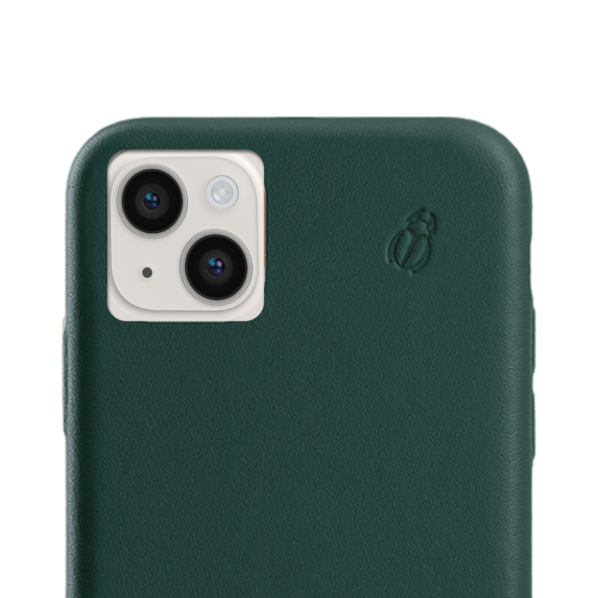 Custodia verde scuro per telefono con lenti della fotocamera e logo di scarabeo.