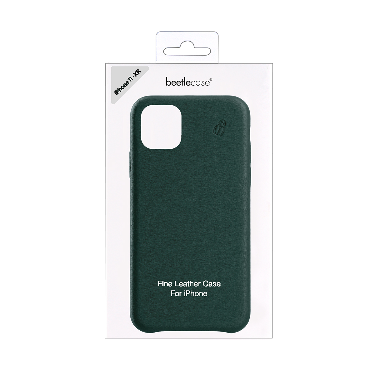 Custodia verde scuro in pelle per iPhone 11 XR in confezione.