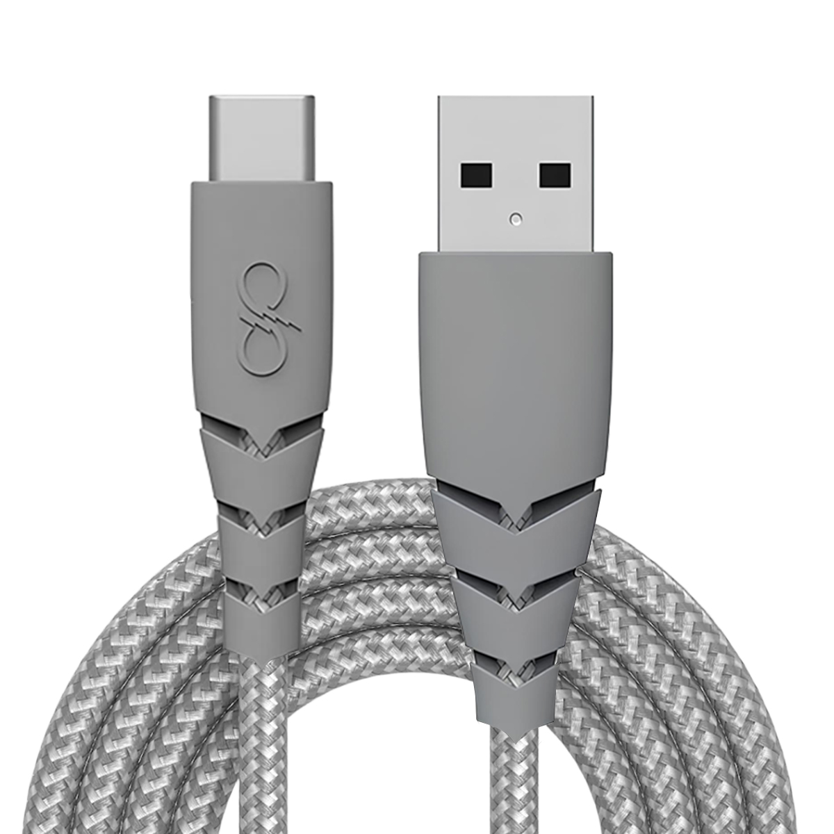 Cavo USB-C a USB-A grigio con rivestimento in tessuto intrecciato, logo.