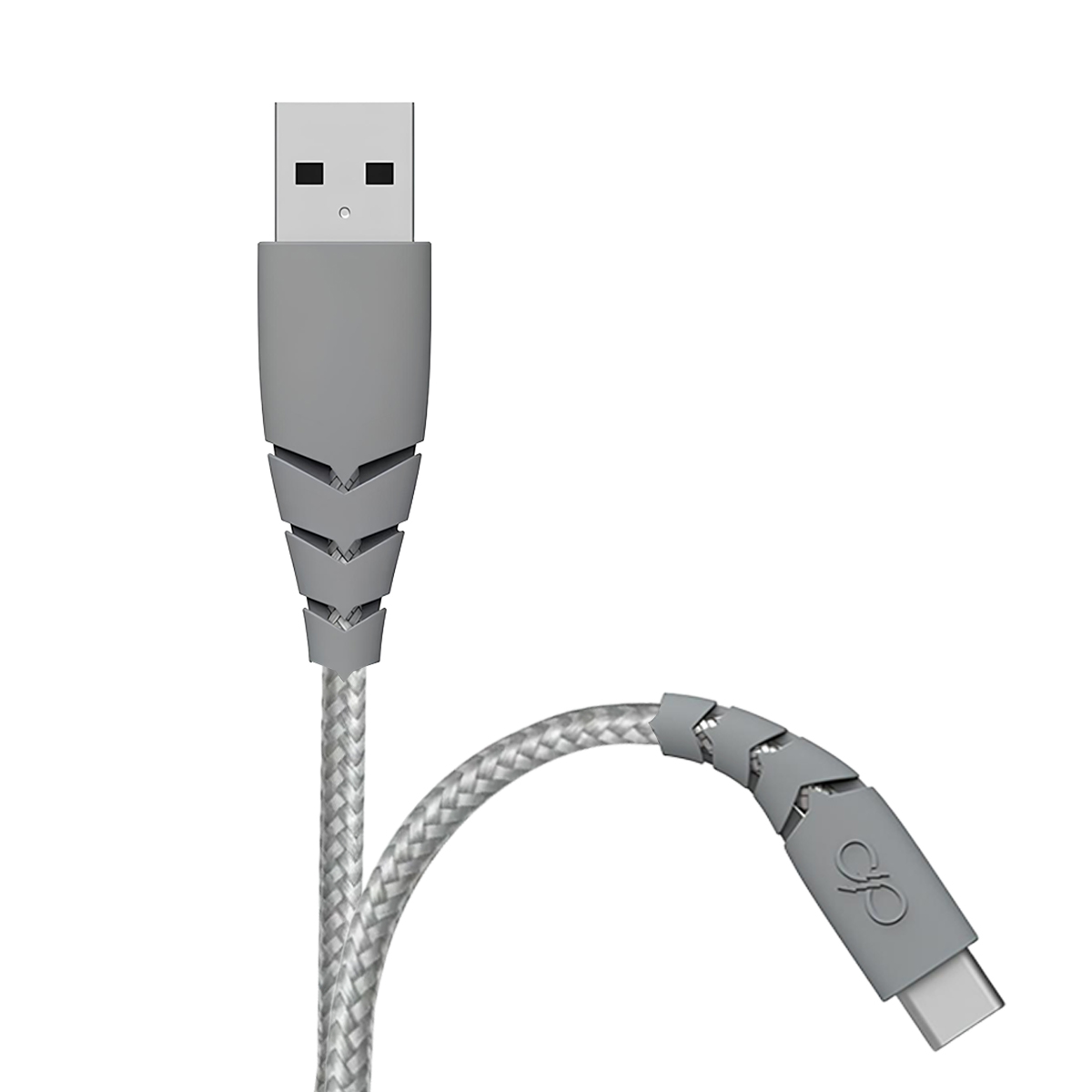 Cavo da USB-A a USB-C grigio con albero intrecciato e distintivi connettori grigi.