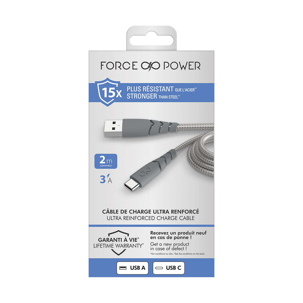 Confezione di un cavo Force Power grigio da 2m da USB-A a USB-C. 15x più forte.