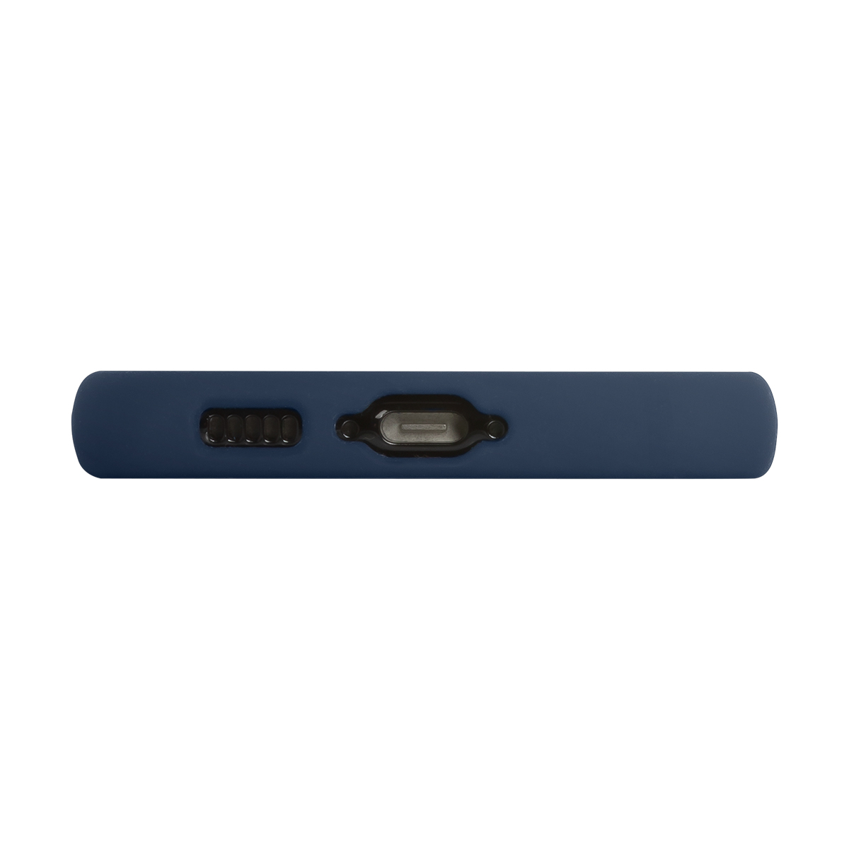Custodia blu scuro per telefono con fori altoparlante e porta di ricarica.