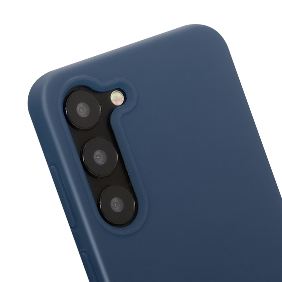 Una cover per telefono blu scuro con tre obiettivi e flash.