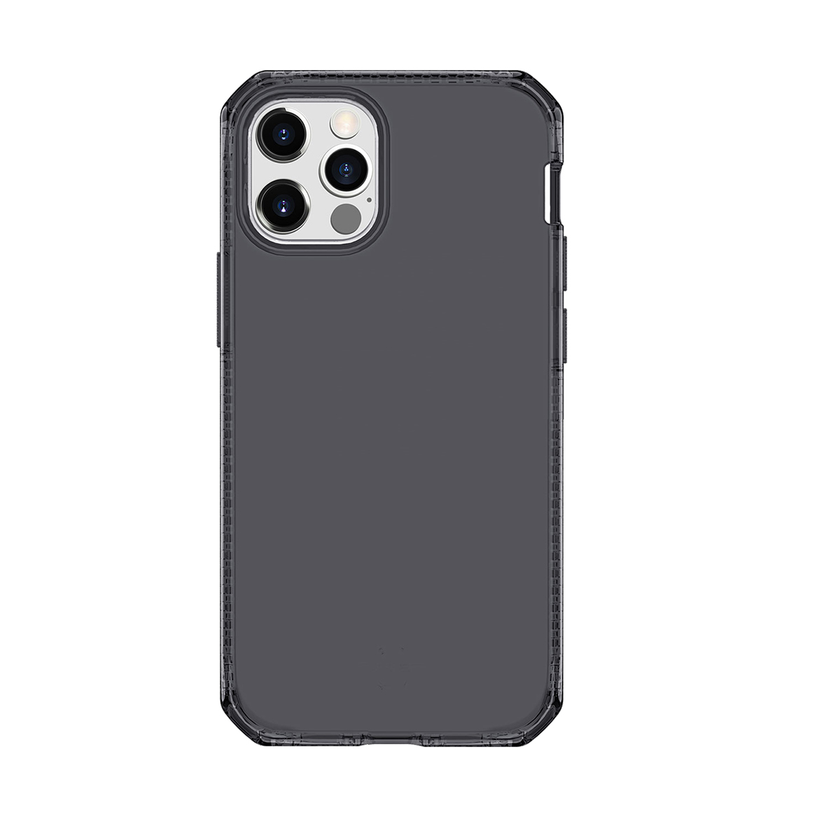 Custodia per telefono grigio scuro con quad camera su sfondo bianco.