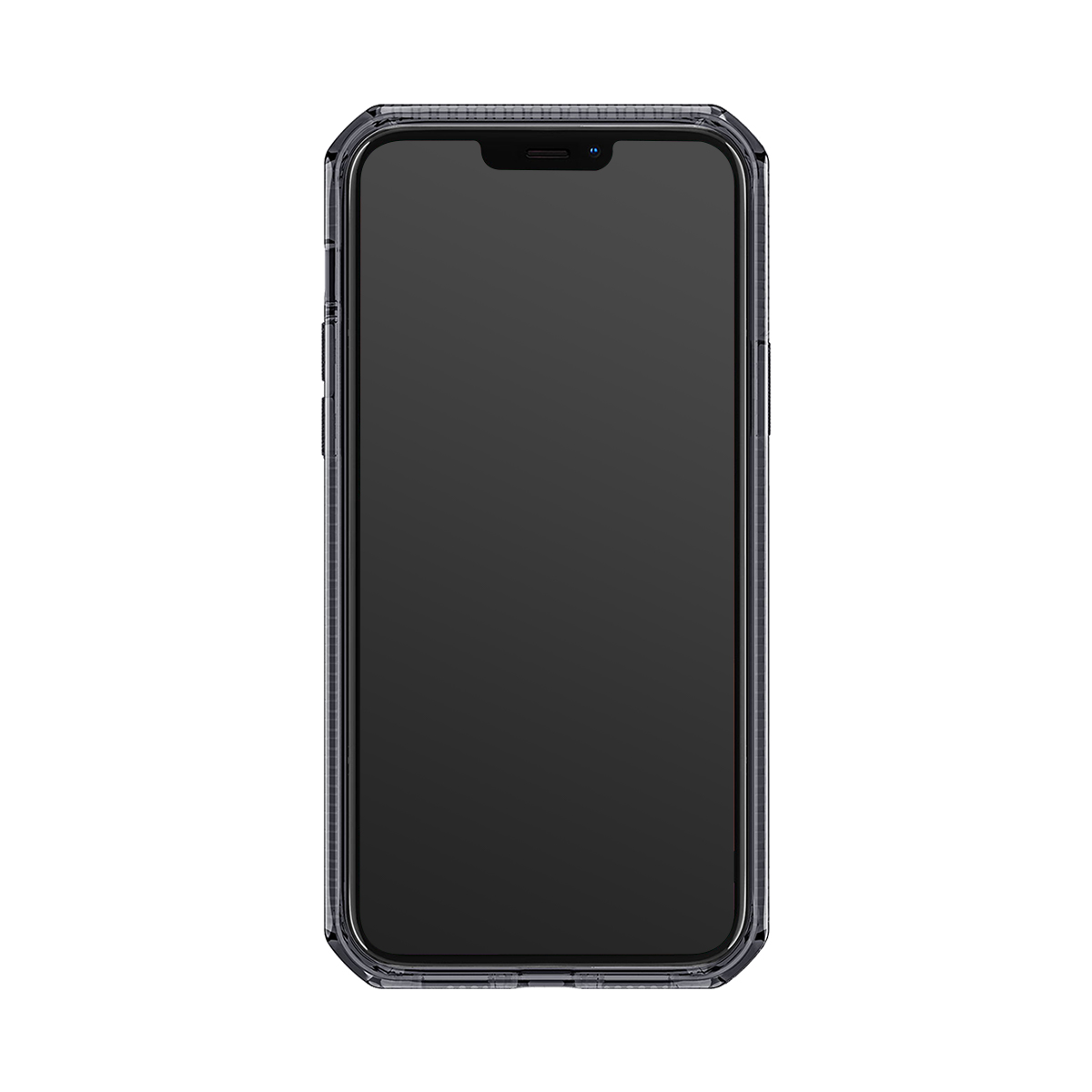 Uno smartphone nero con una custodia protettiva trasparente.