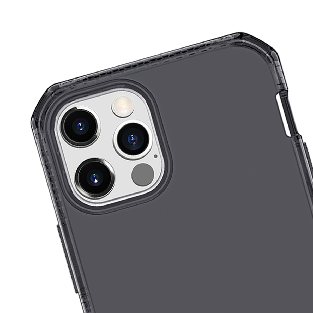 Primo piano del retro di un telefono con tre fotocamere e flash.