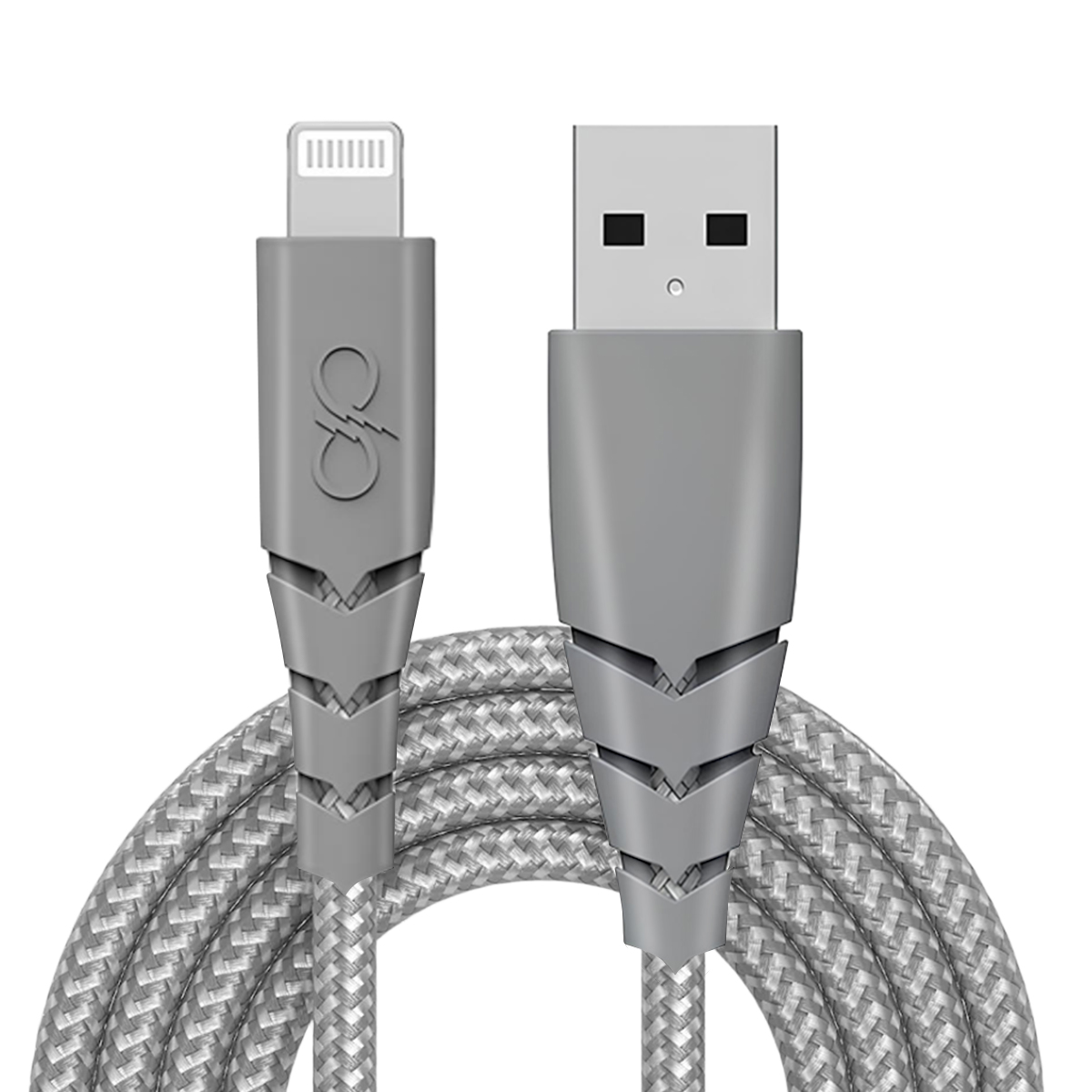 Câble USB-A vers Lightning gris avec tige tressée.