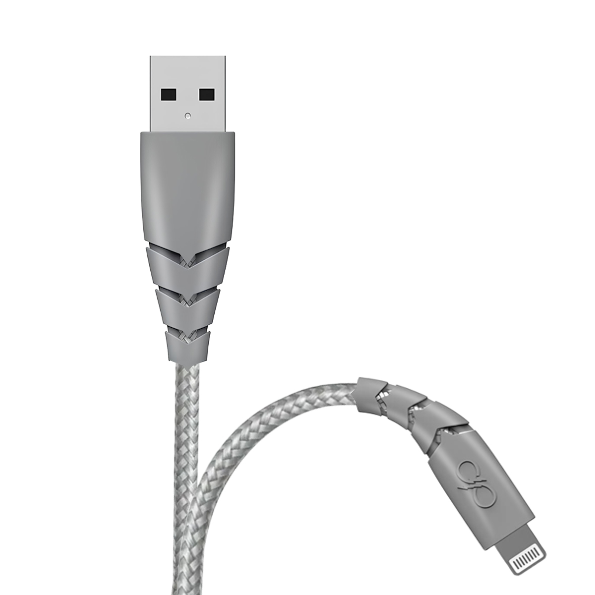 Un câble USB vers Lightning gris avec tissu tressé et design segmenté.