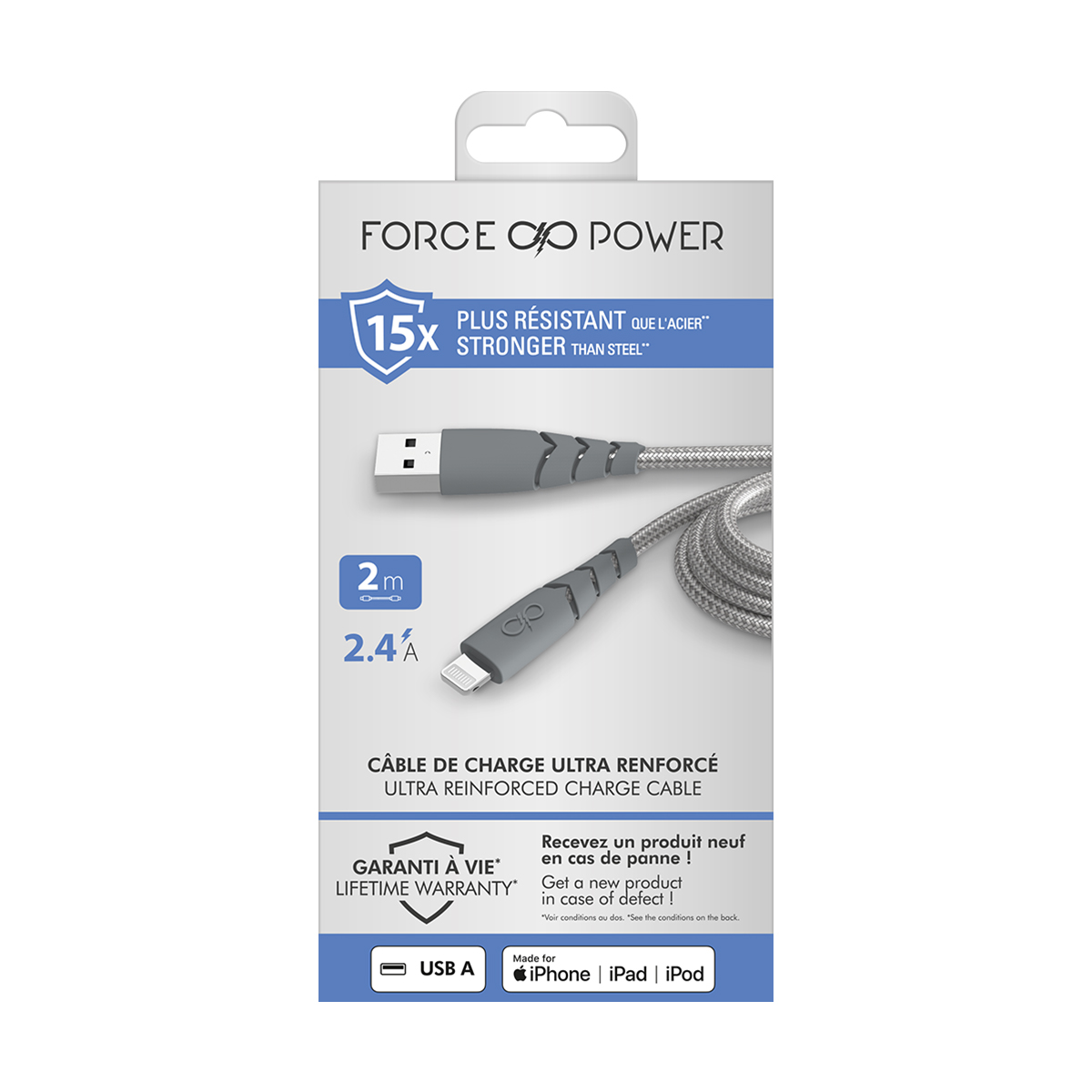 Confezione di un cavo grigio da USB-A a Lightning, 2m, 2.4A.