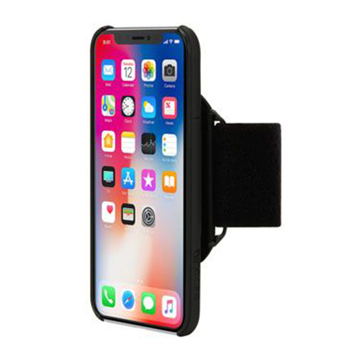 Schwarze iPhone-Hülle mit Armbandbefestigung und vielen App-Symbolen auf dem Bildschirm.