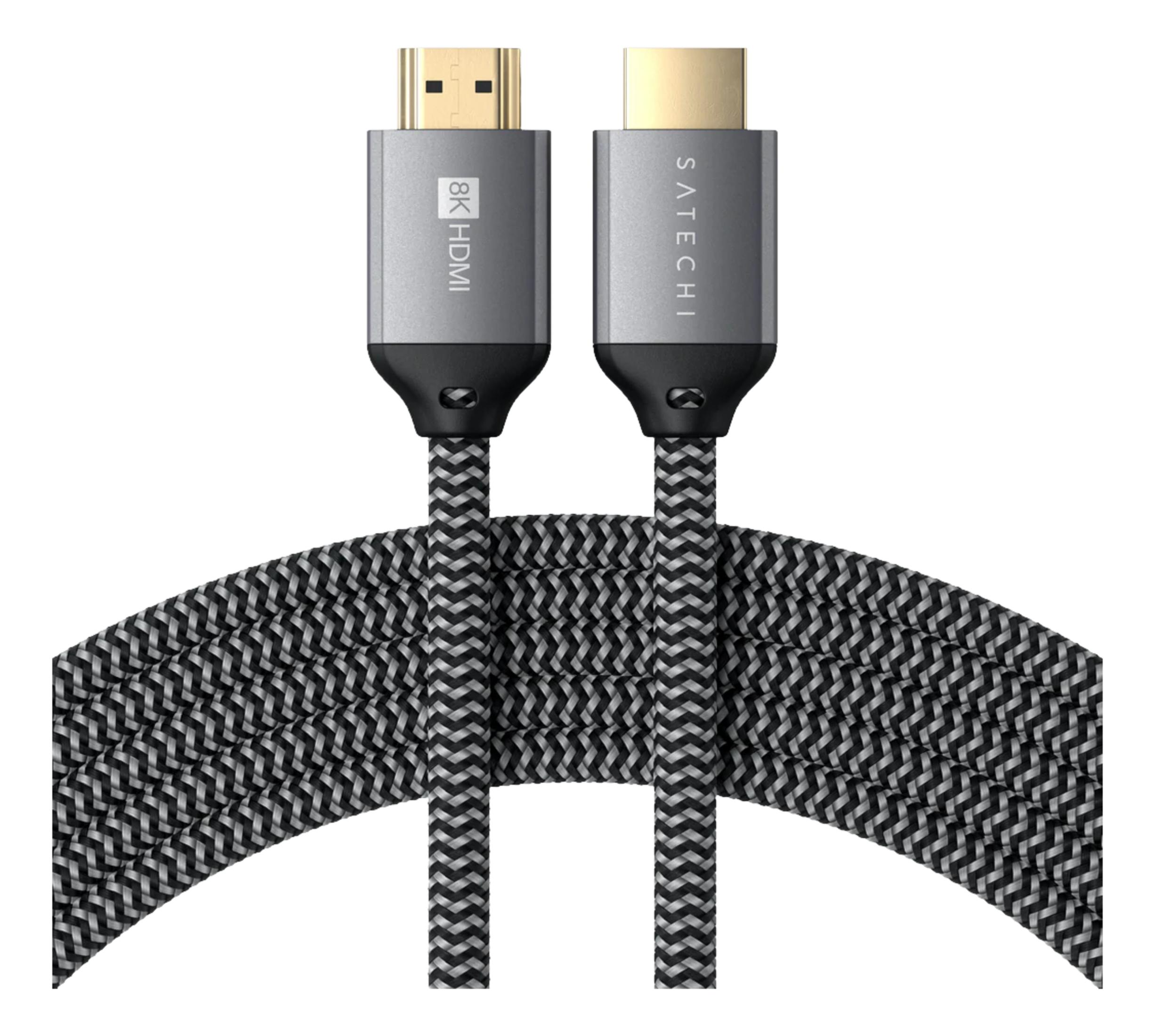 Cavo HDMI 8K grigio con cavo intrecciato grigio-nero e connettori dorati.