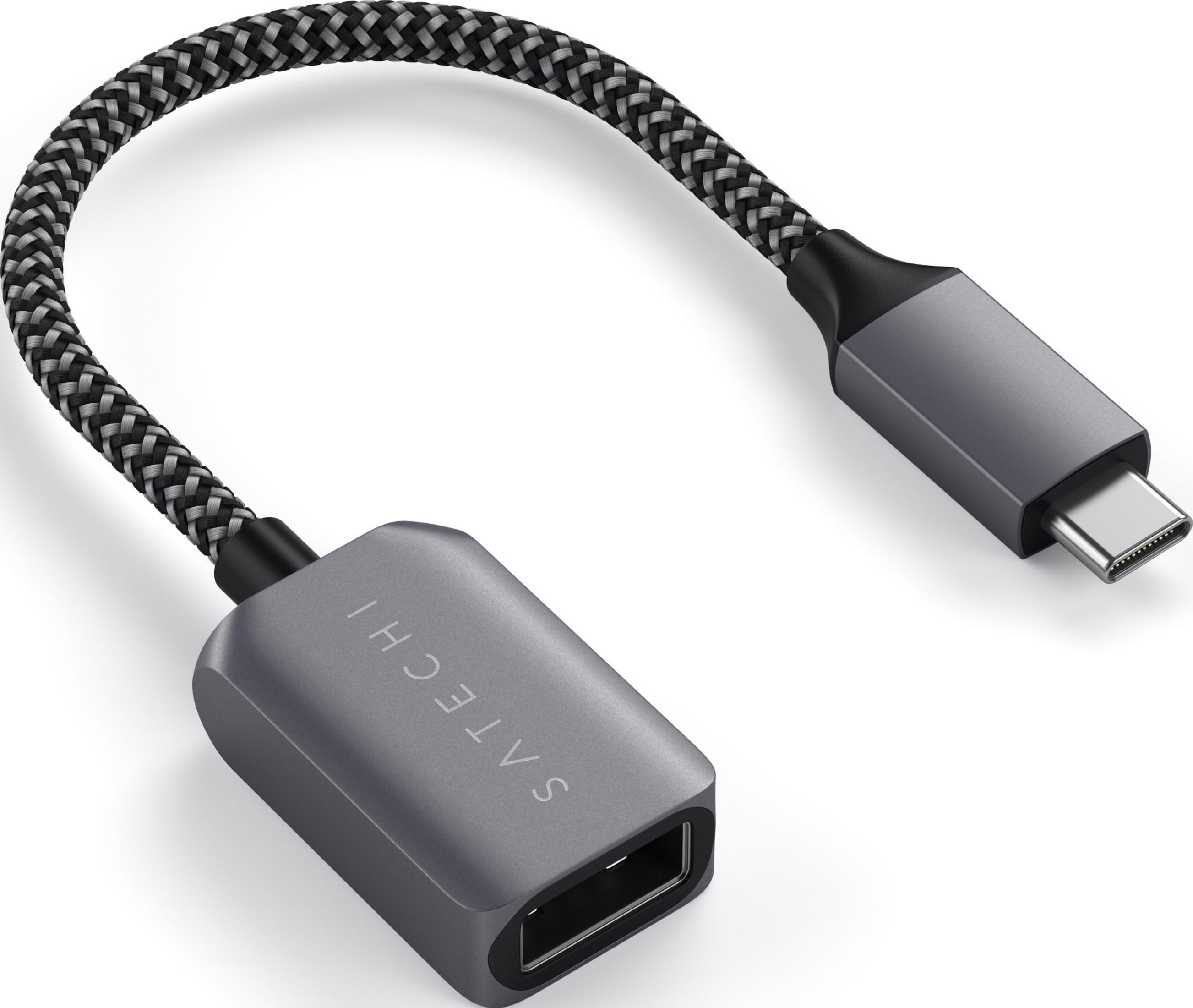 Grauer USB-C zu USB-A Adapter mit geflochtenem Kabel.