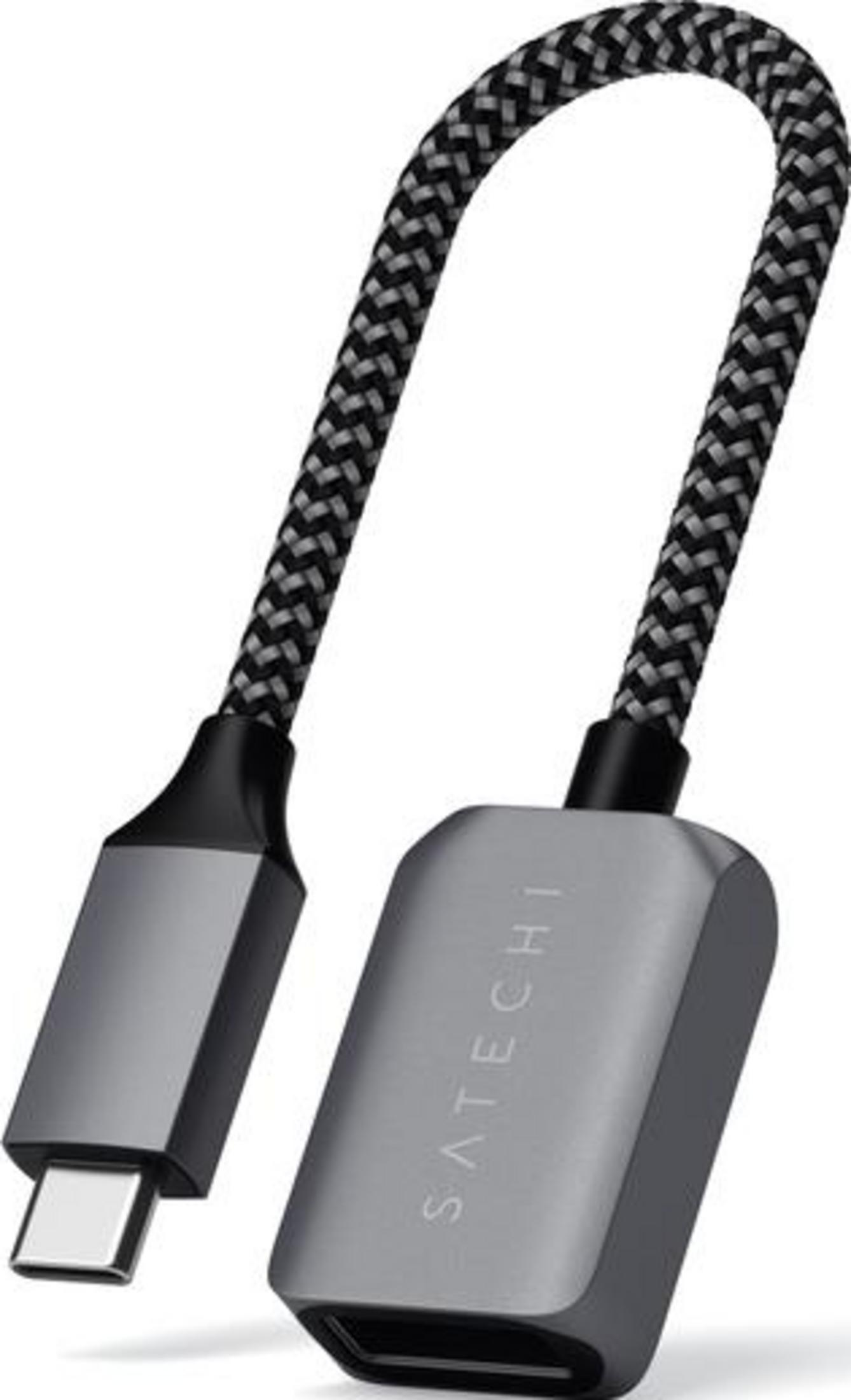 Grauer USB-C-Adapter mit geflochtenem Kabel und HDMI-Anschluss.