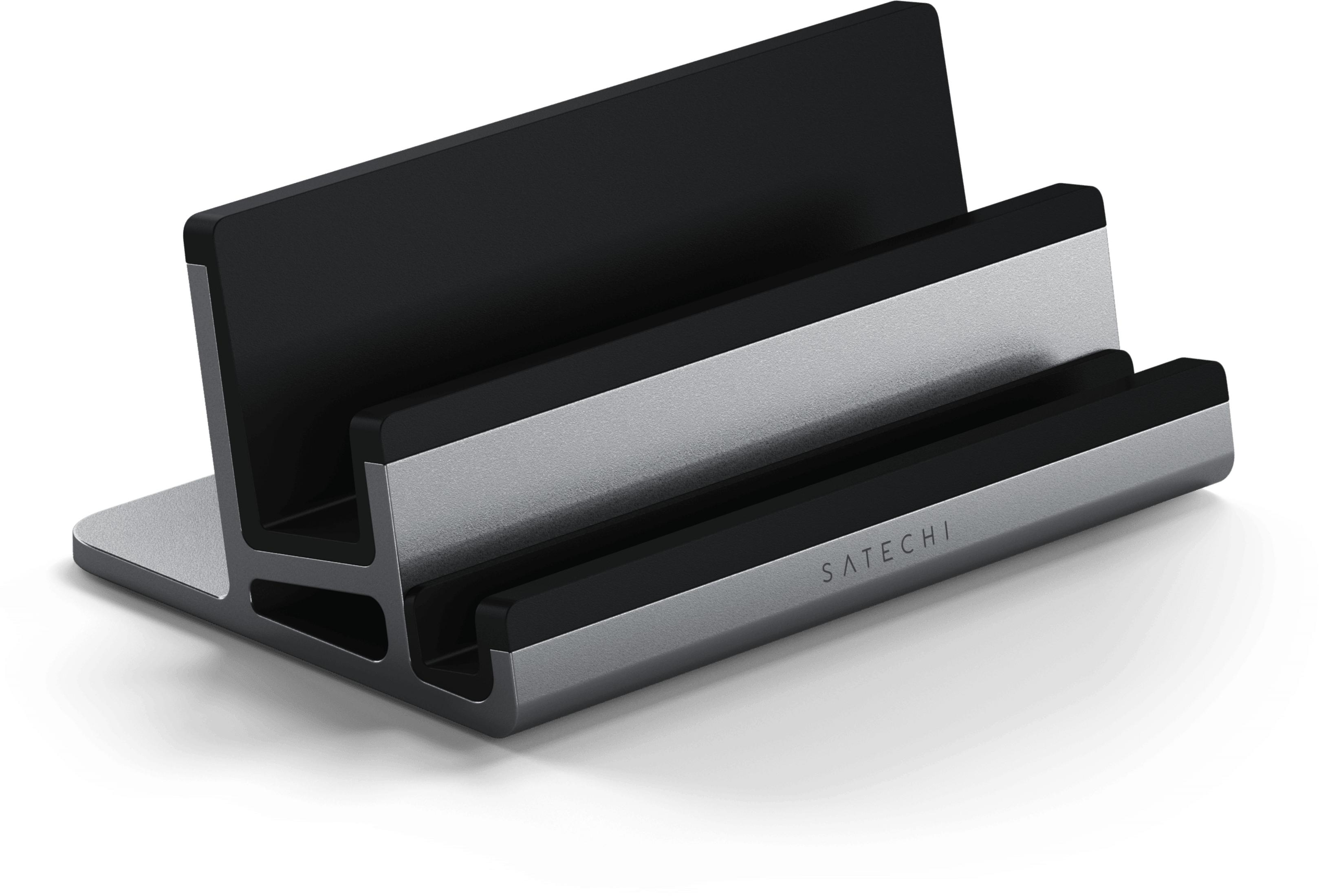 Srebrny stojak na laptopa z czarnymi akcentami na białym tle.