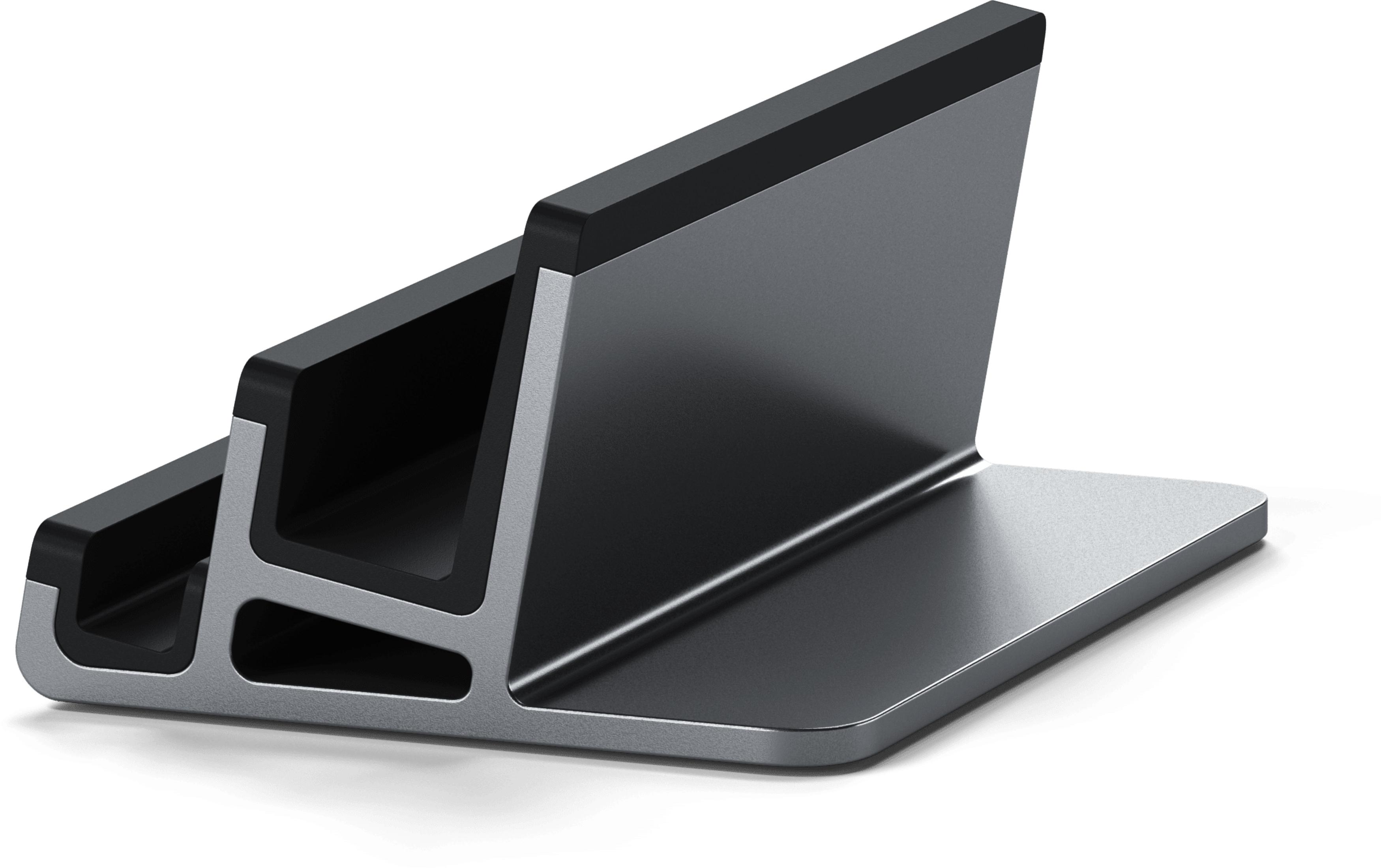 Srebrny stojak z dwoma czarnymi szczelinami i wysokim panelem tylnym.