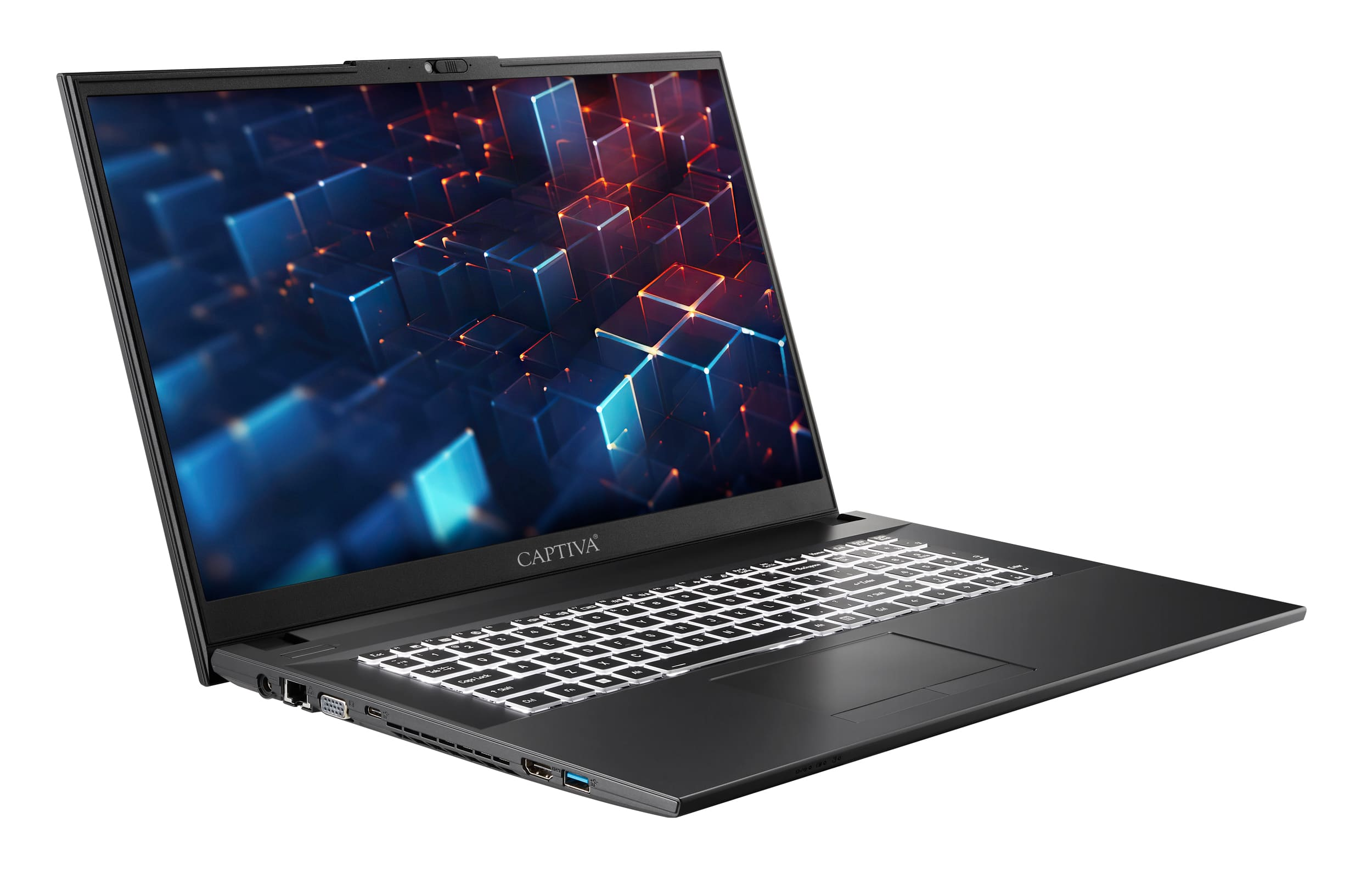 Schwarzer Laptop mit leuchtender Tastatur und abstraktem Hintergrund.