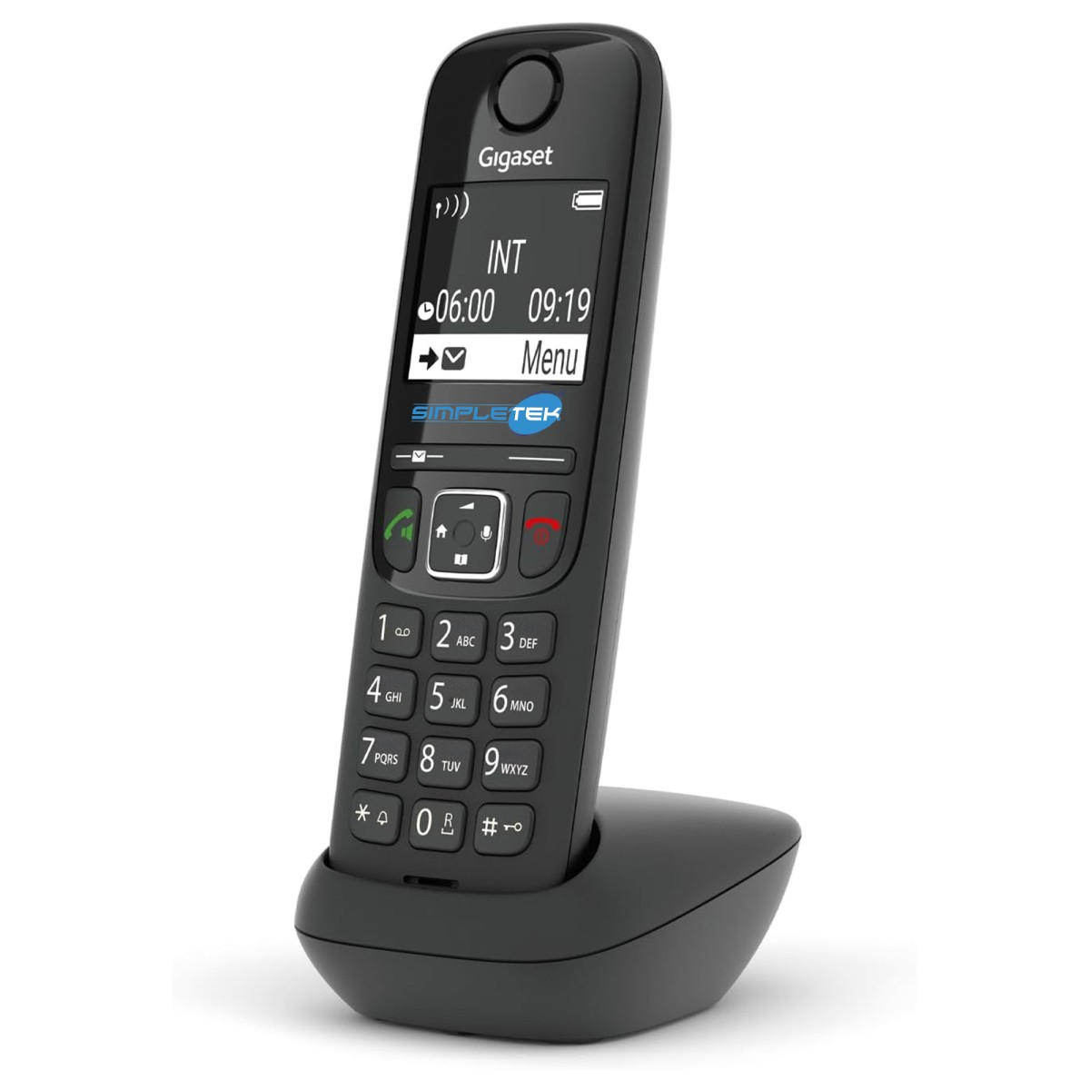 Un teléfono inalámbrico Gigaset negro con pantalla y teclado en una base de carga.