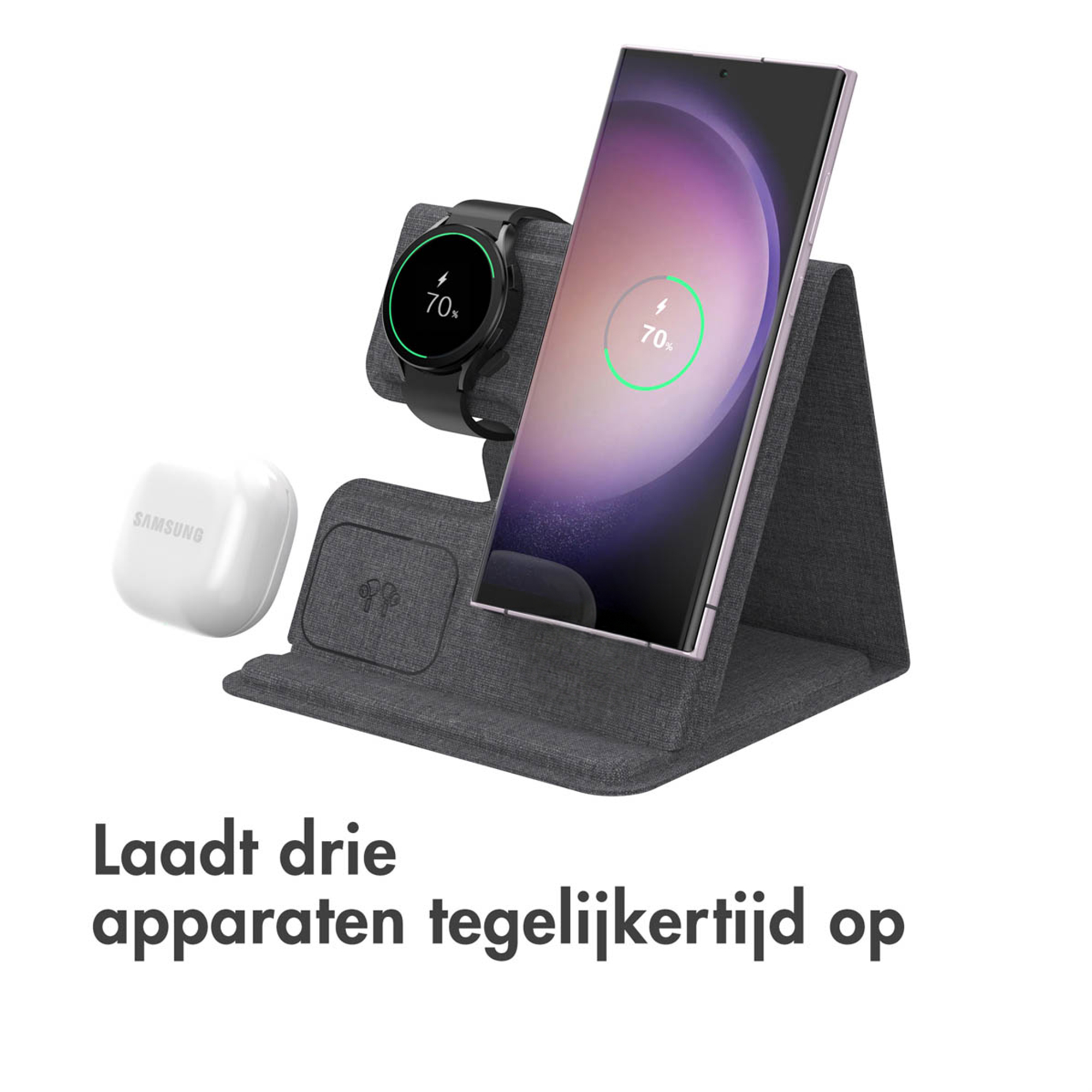 Grijze oplaadstandaard met smartphone, horloge en oordopjes.