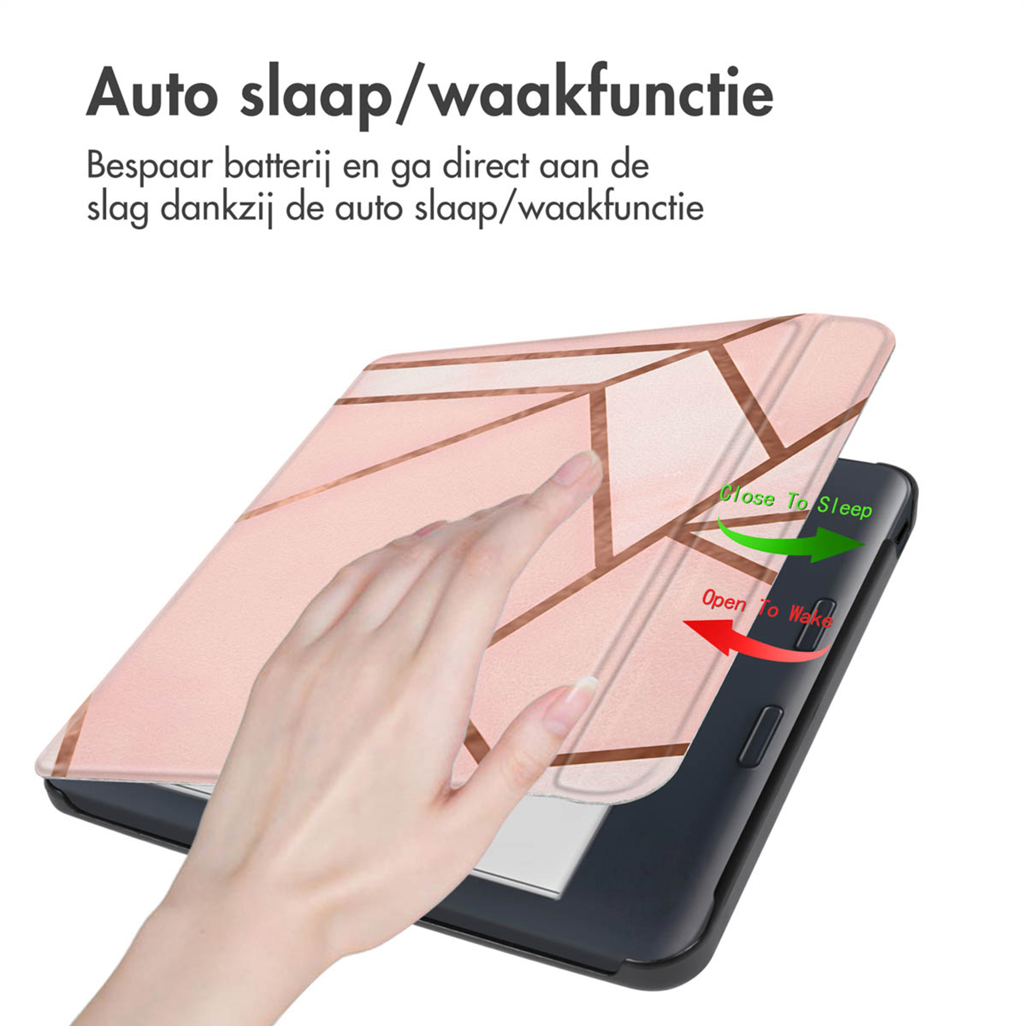 Hand closing a pink geometric patterned e-reader cover.