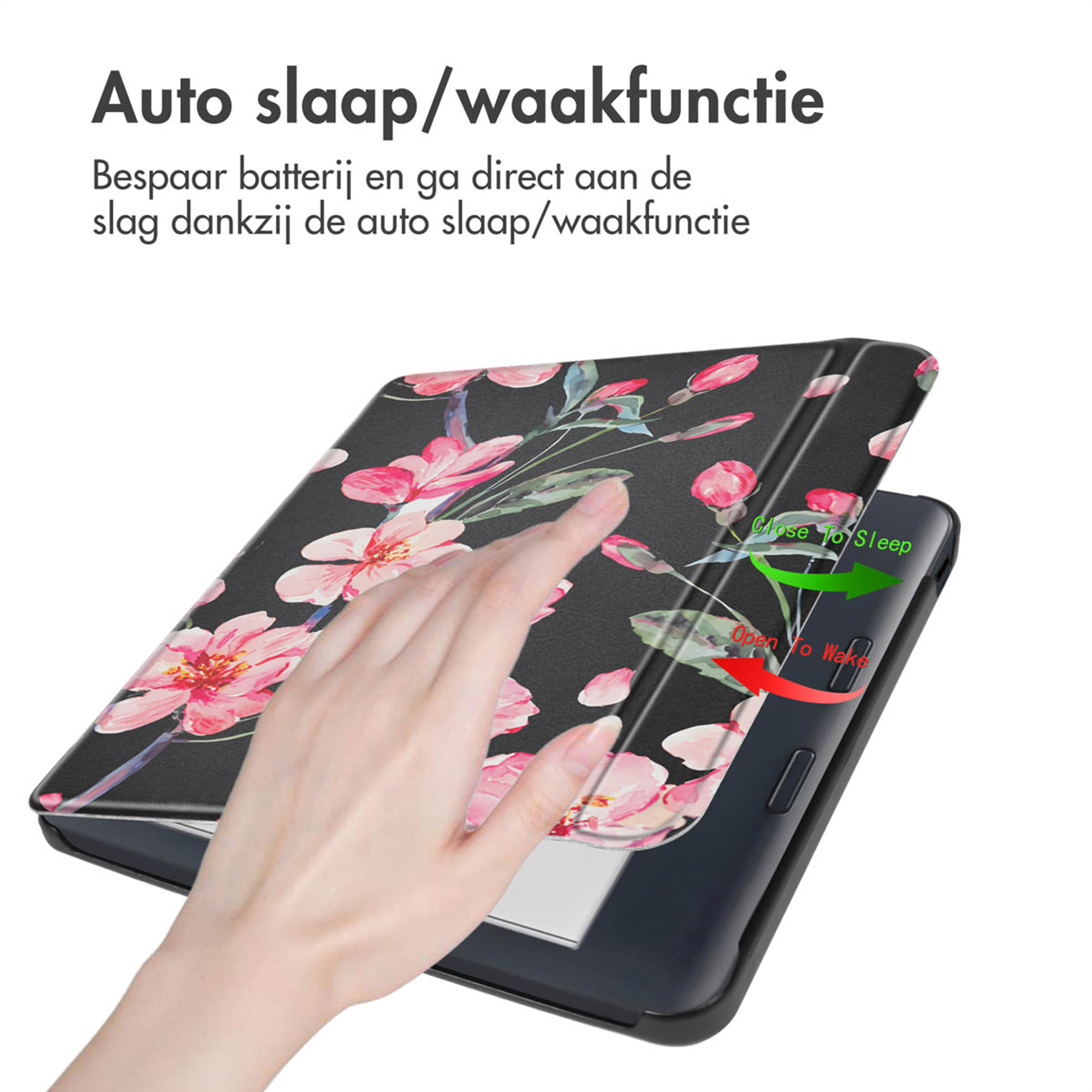 Een hand opent een hoes met bloemenpatroon om een e-reader wakker te maken.