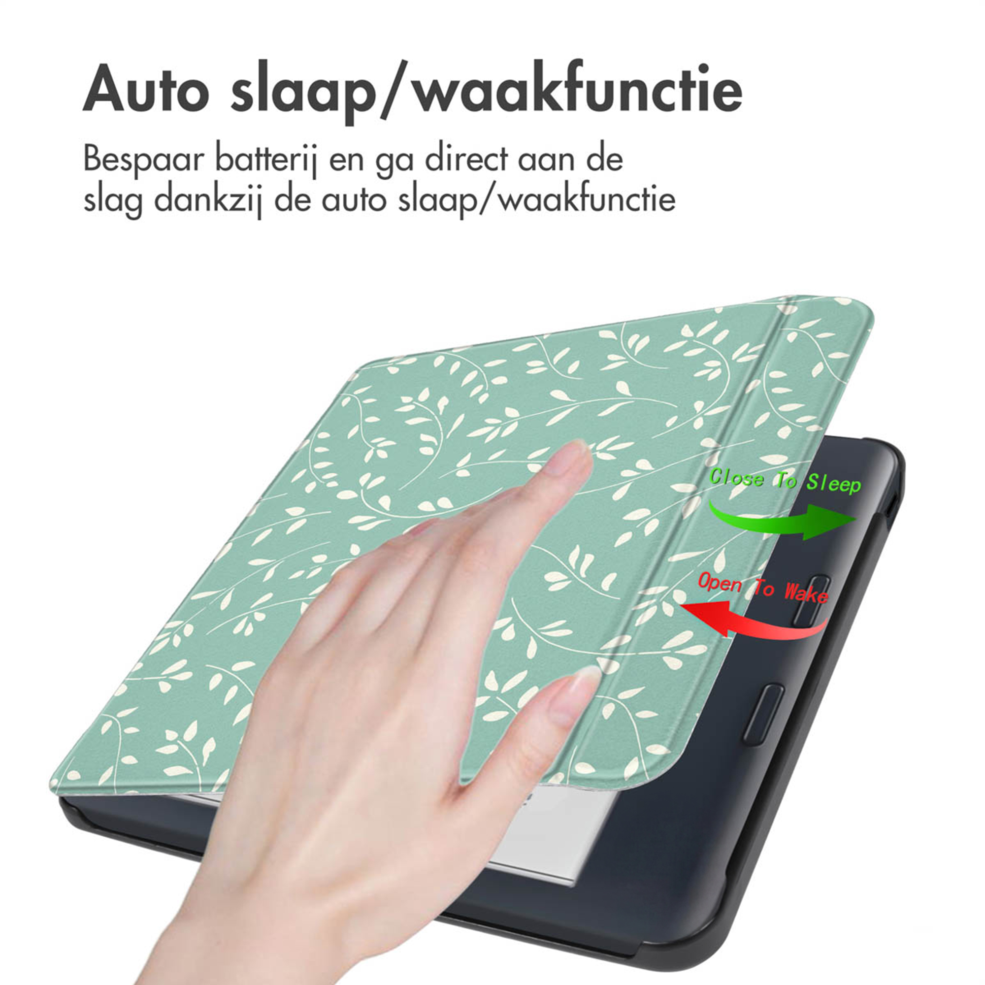Une couverture d'E-reader vert menthe à motif de feuilles se ferme.